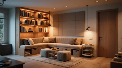 Cozy Reading Nook with Built-In Bookshelves & Ambient Lighting