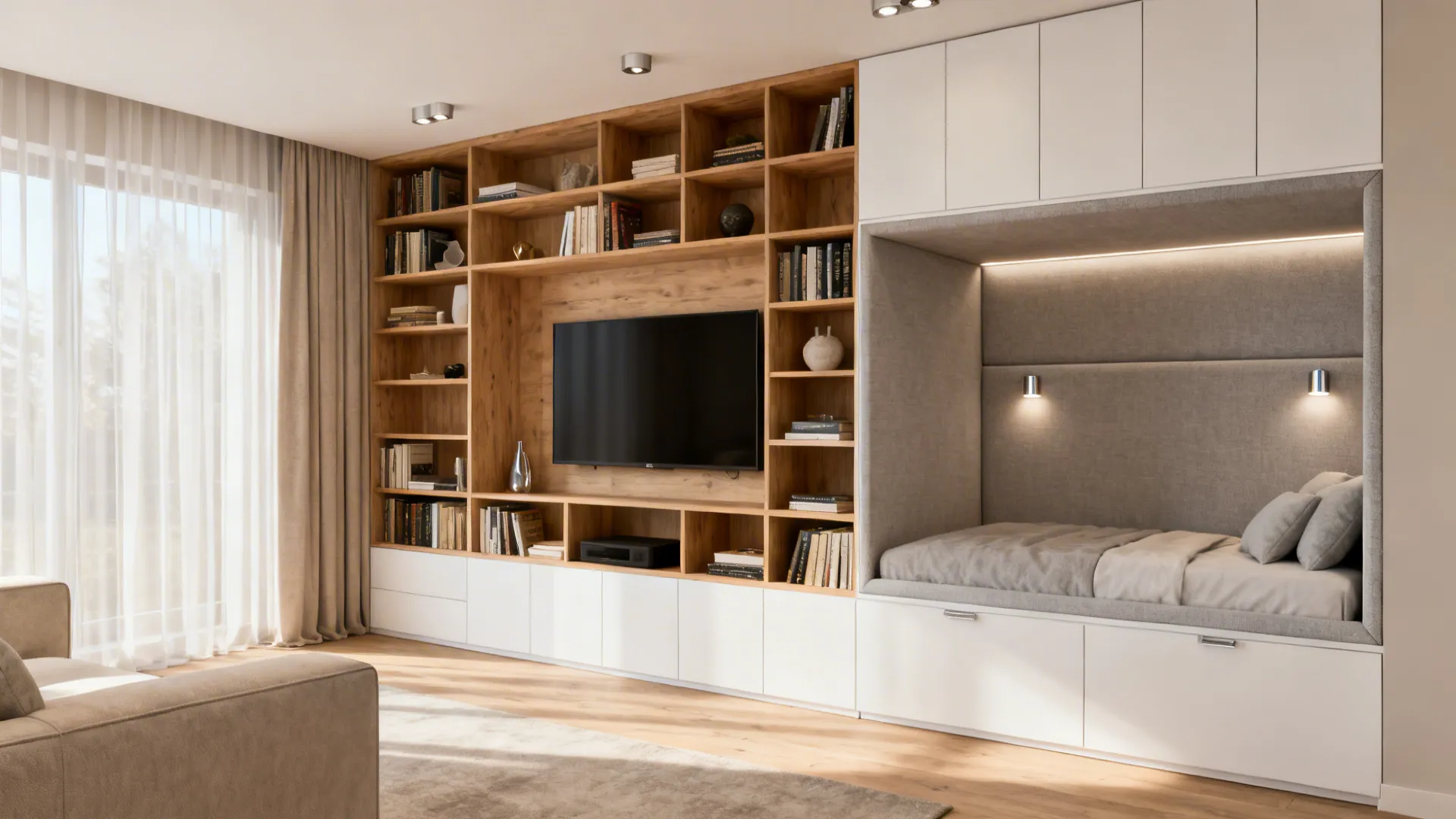 Modern living room with wooden TV shelves, white cabinets, a built-in bed, and wooden floor