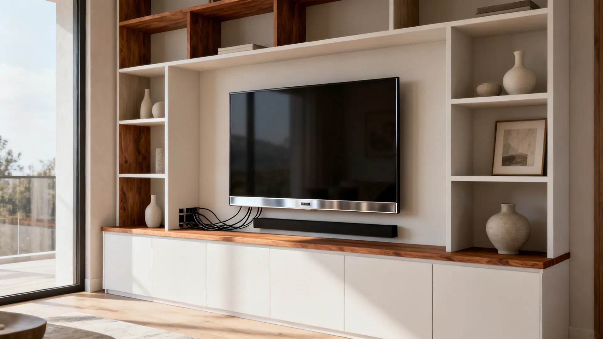 Integrated media shelving around a wall-mounted TV with shallow cabinets and open shelves