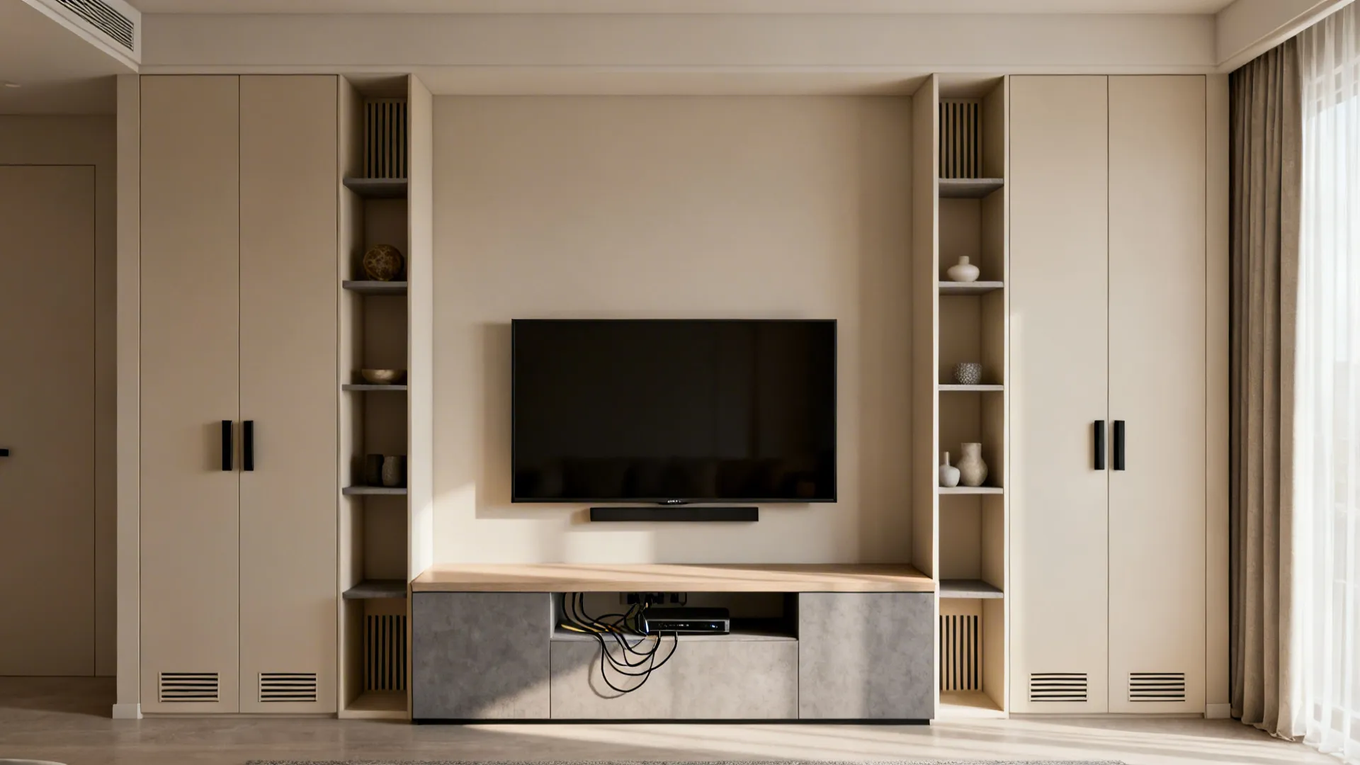 Multi-functional media shelving with TV, credenza and flanking shelves