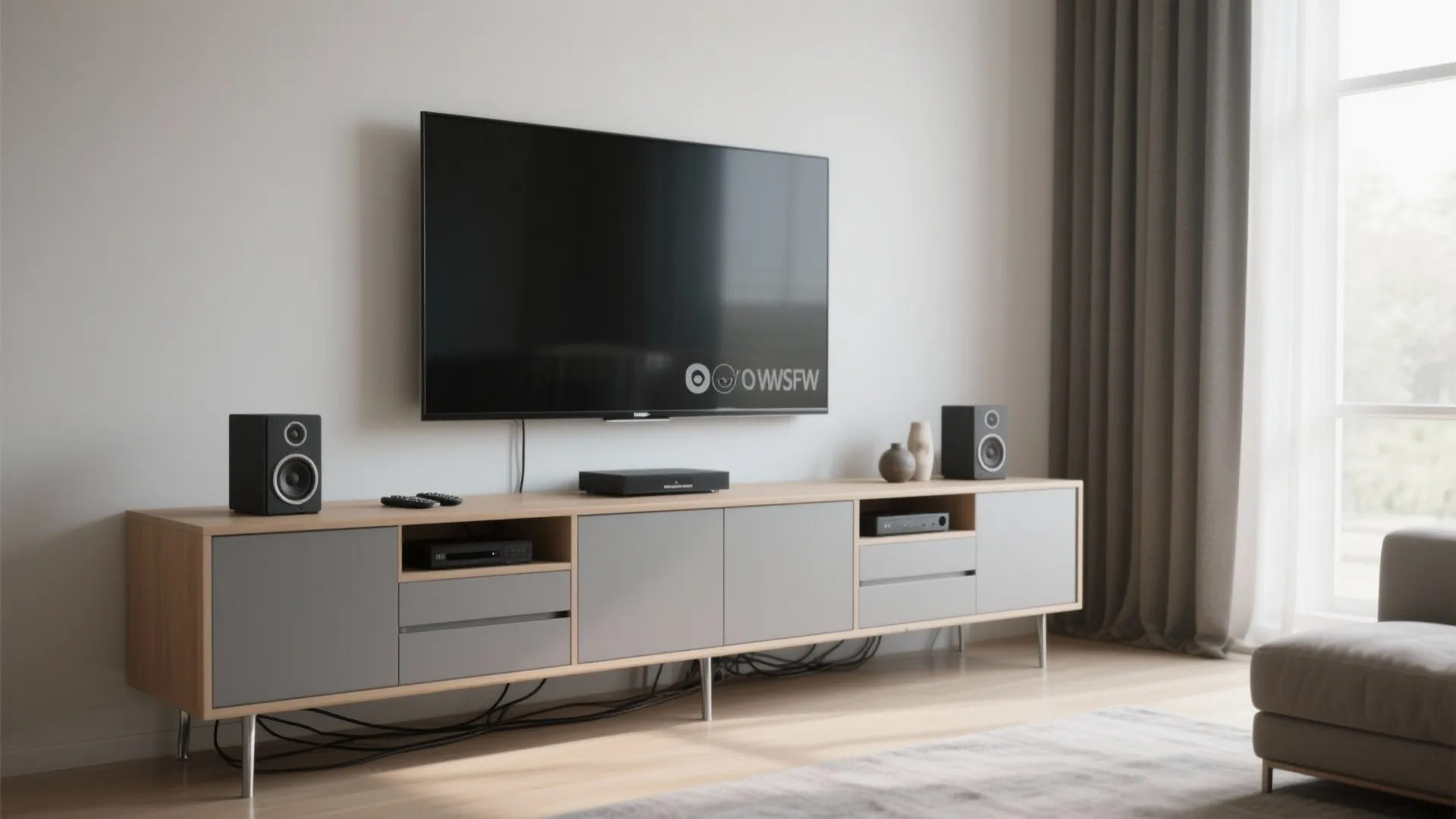 Modern living room with wall mounted television over long wood cabinet and grey storage drawers