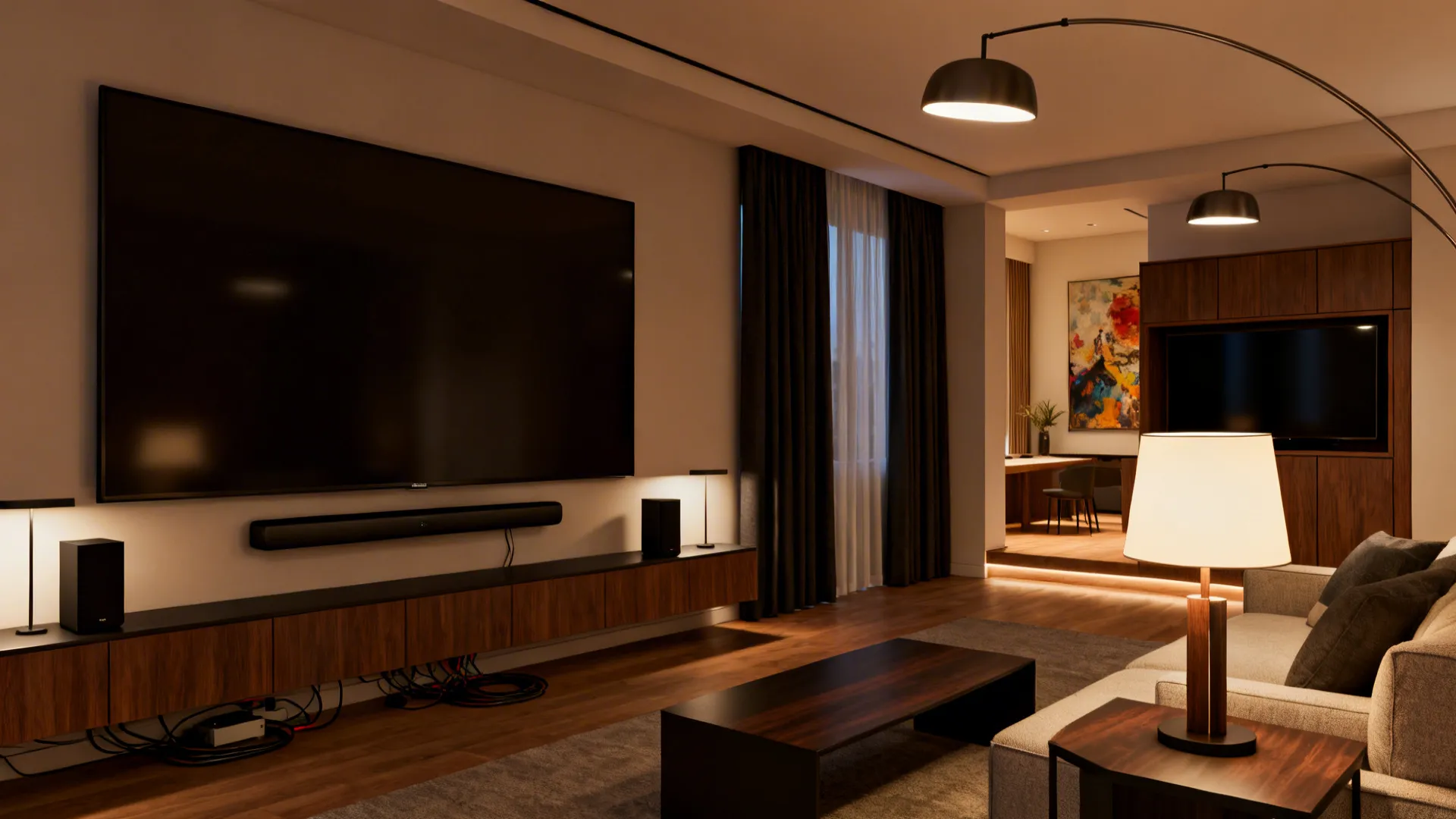 Family room with large TV and sound system, and adjacent living area with hidden media cabinetry, showing media planning.