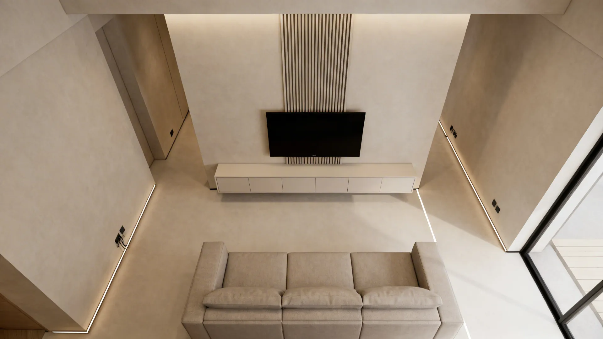 High angle view of beige living room with sofa, wall mounted television, cabinet, and lighting