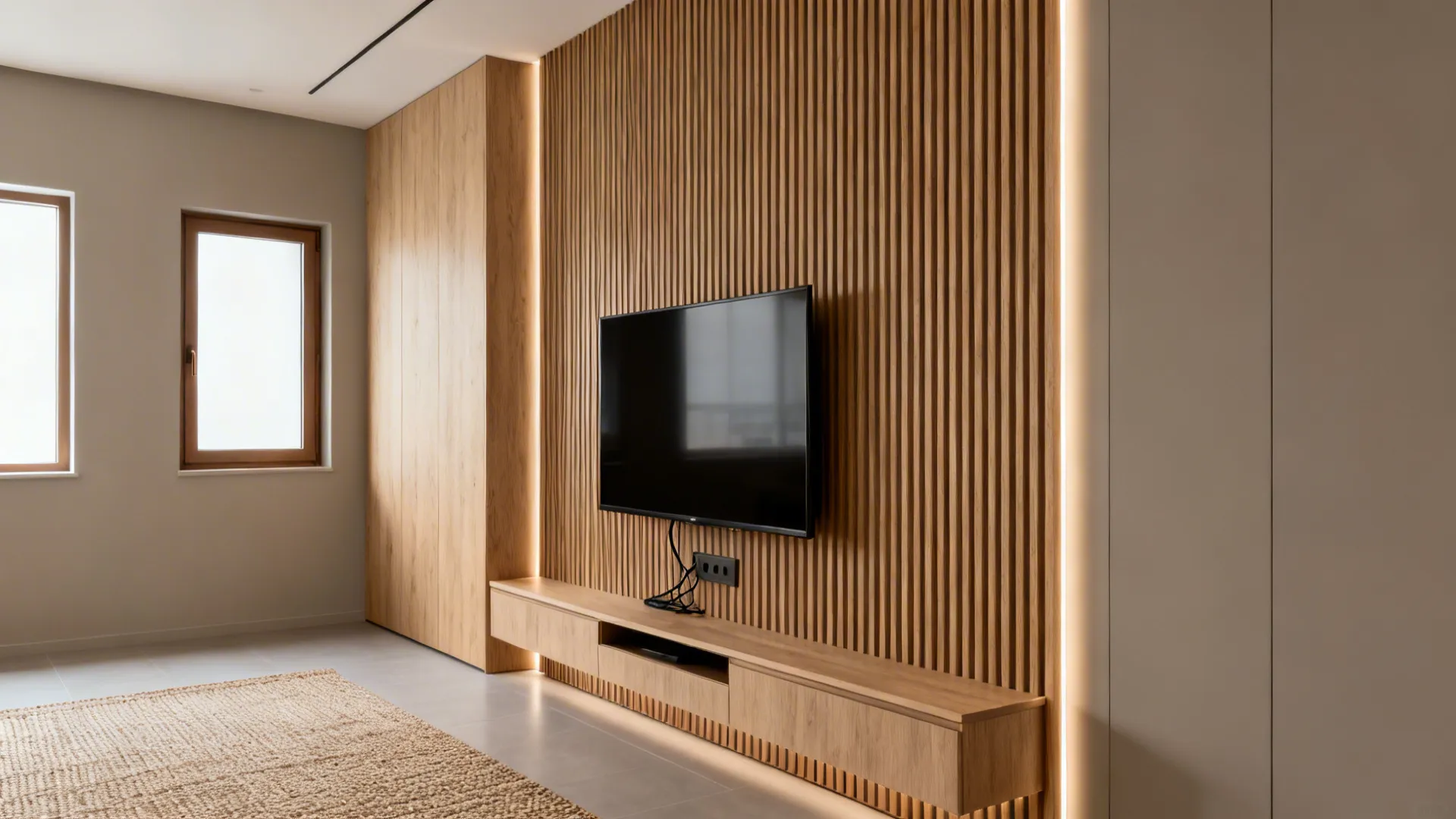 Living room with wood wall panel, wall mounted television, floating wood cabinet, and warm lighting