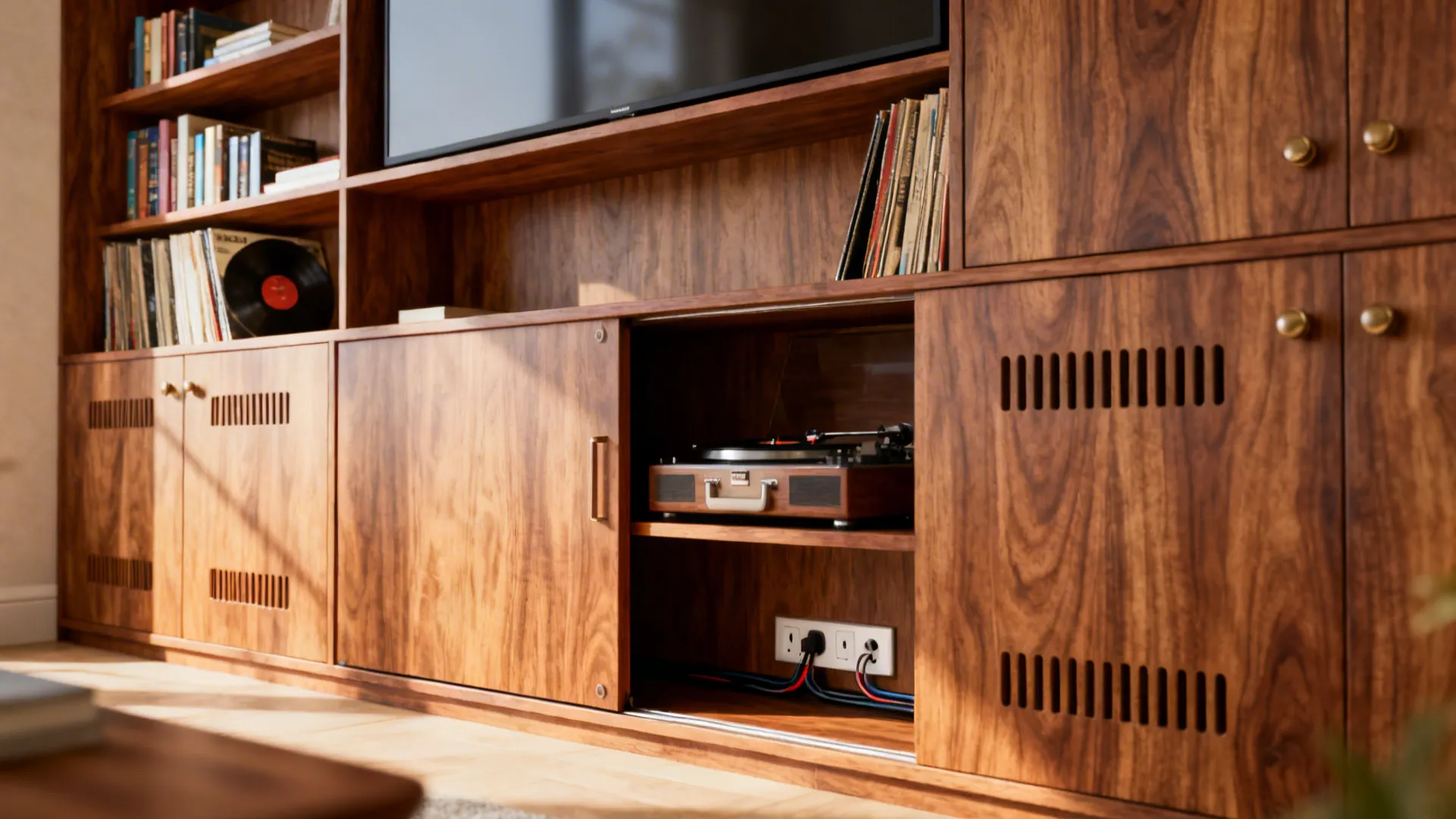 Custom media alcove with cabinets, open shelving and hidden cable management