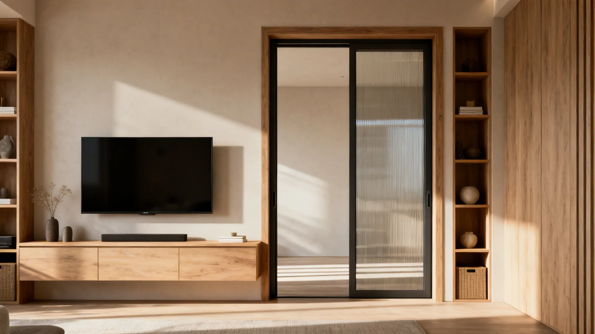 Wall-mounted TV and low credenza opposite a sliding glass door with built-in shelving