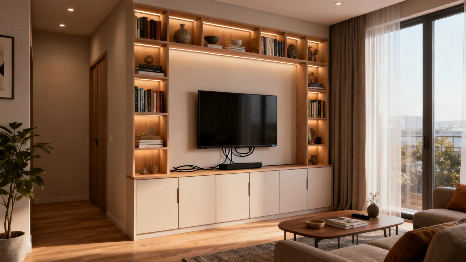 Functional media wall with hidden storage and open display niches in a small living room.