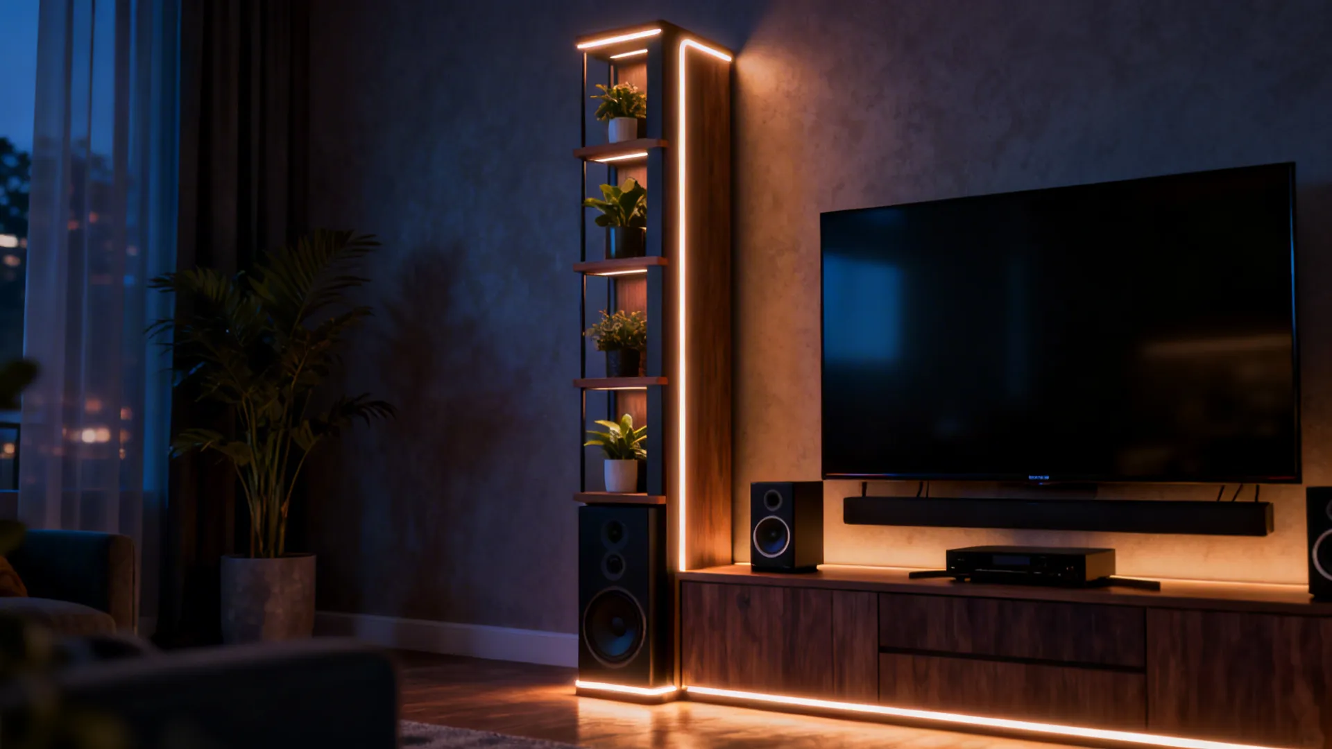 Slim corner media tower with integrated LED lighting, stacked TV and speakers creating a cinematic mood.