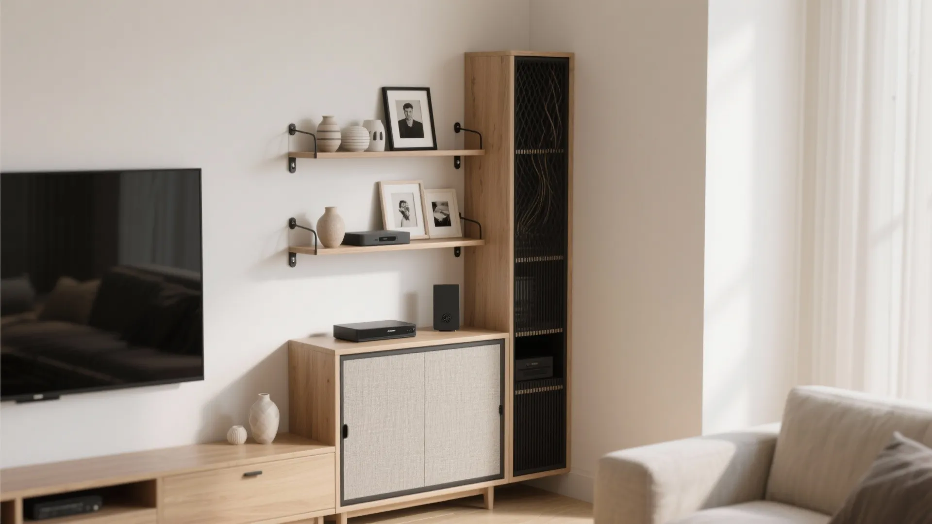 Slim corner media tower with fabric-front base and open display shelves.