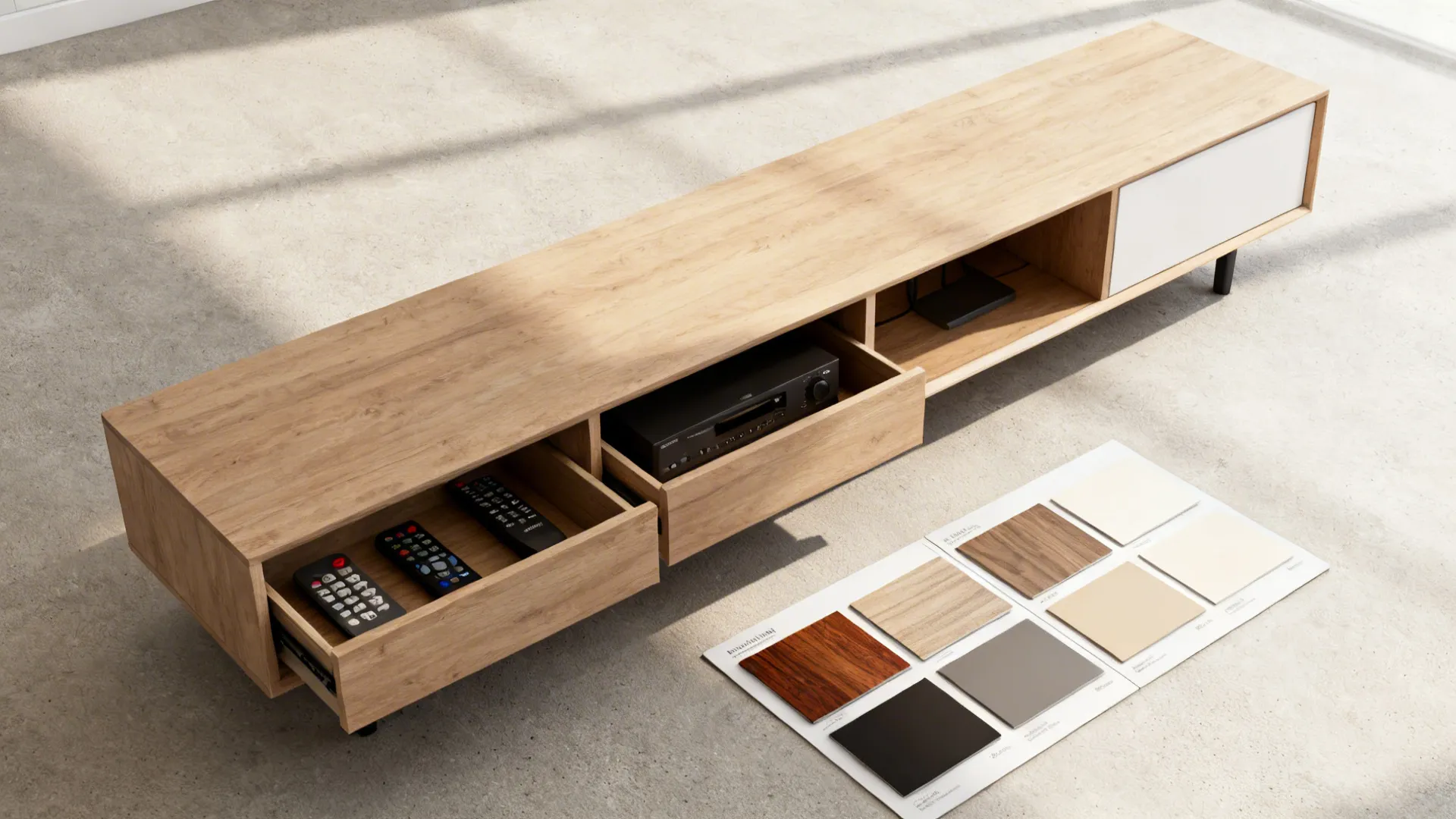 Low media cabinet for a 65-inch TV with integrated storage and finish samples.