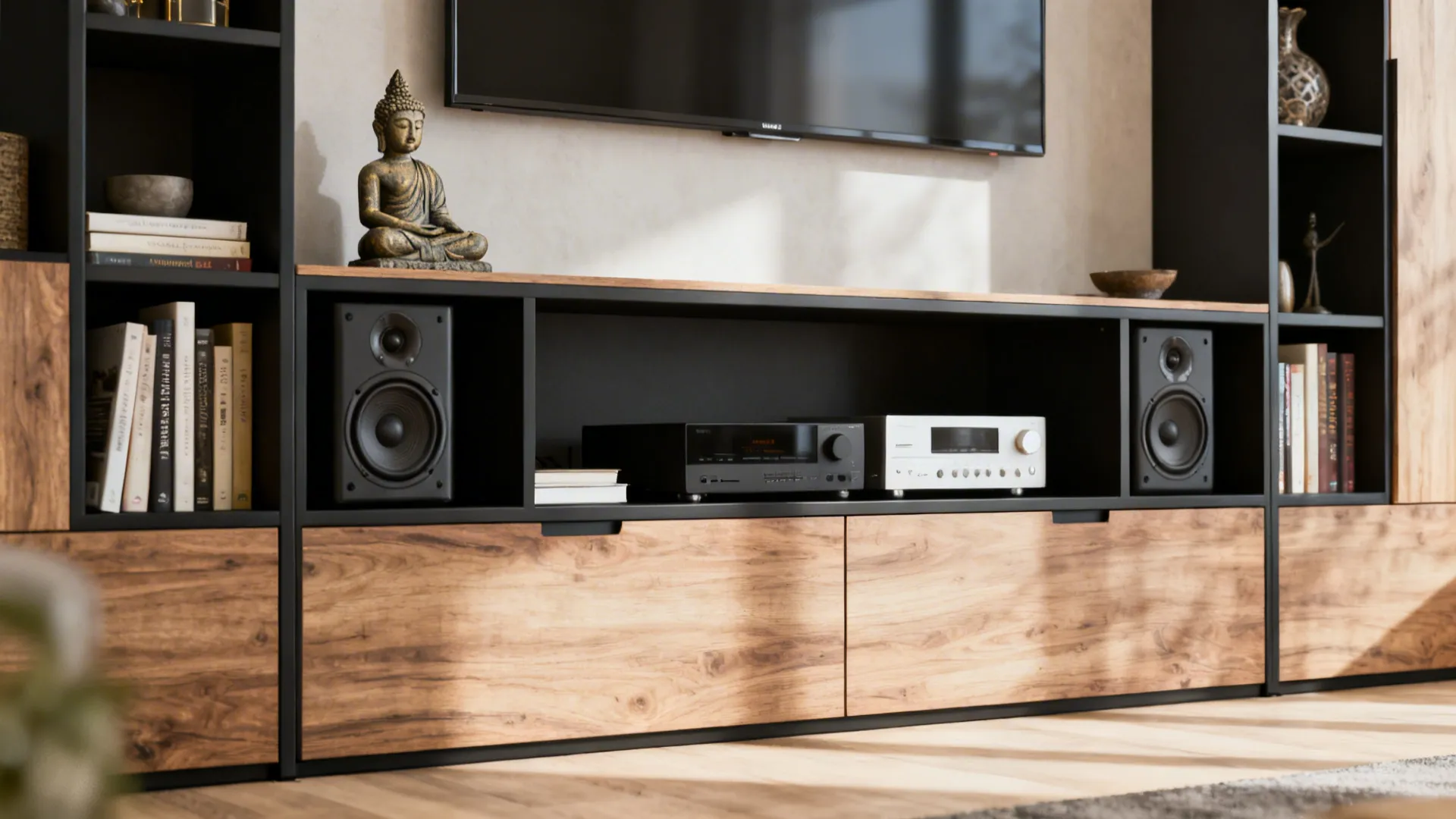 Media unit shelving with a Buddha statue balanced with electronics and decor