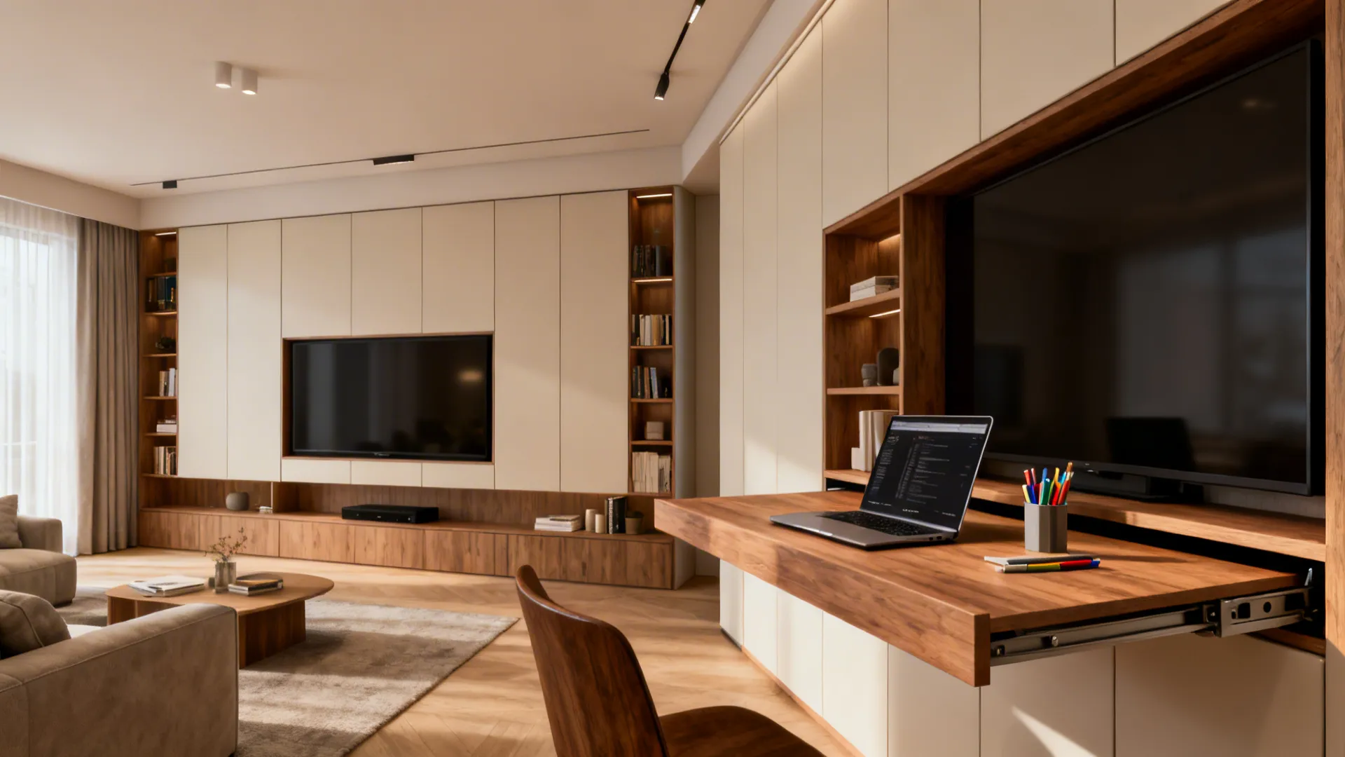 Before and after of a media cabinet concealing a pull-out desk, from closed facade to workspace.