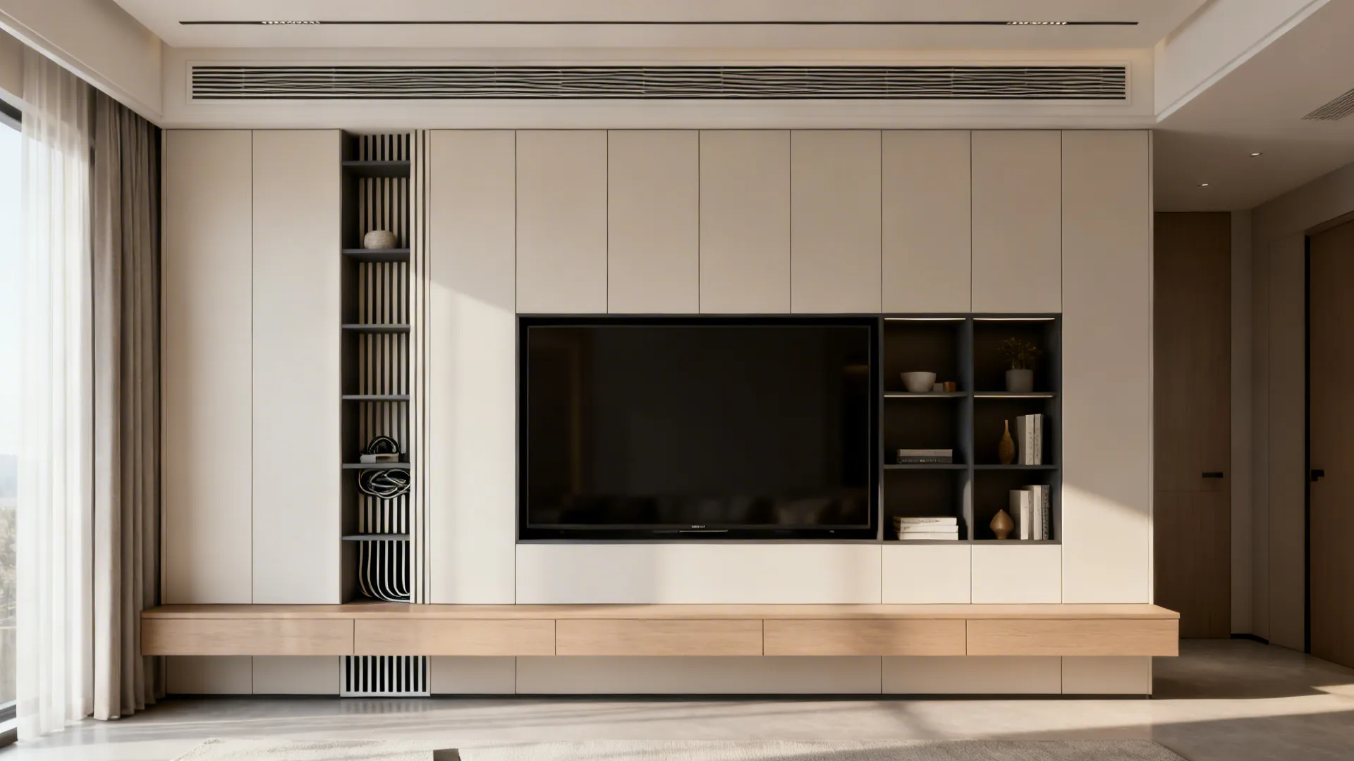 Integrated media unit with TV, concealed cables and shelving for decor