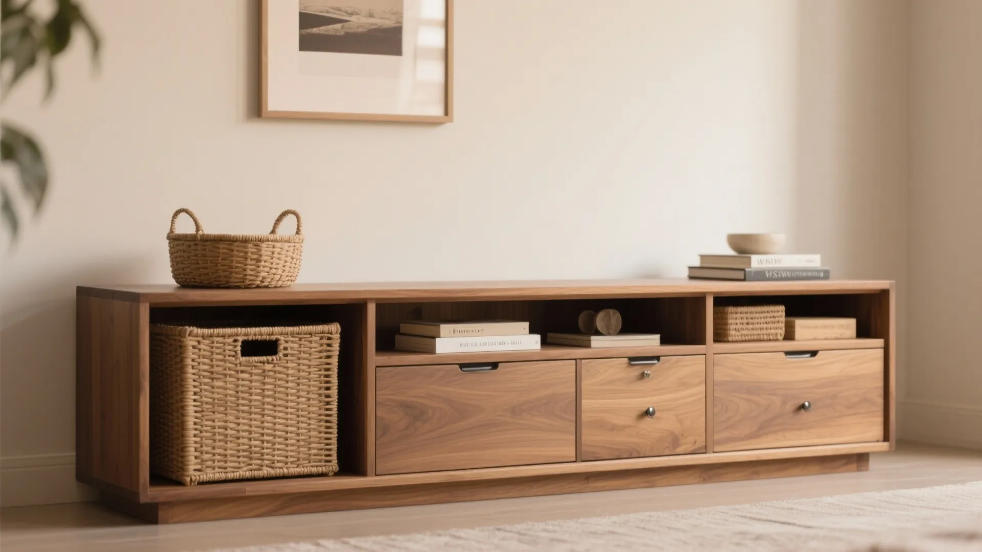 Wooden storage cabinet with drawers and woven baskets holding books in a minimalist living room
