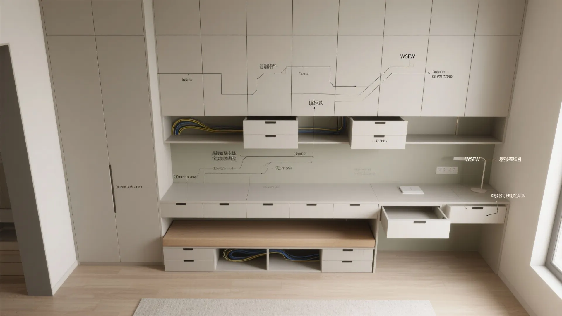 Modern white wall cabinet and desk unit showing storage drawers and hidden wire cable management