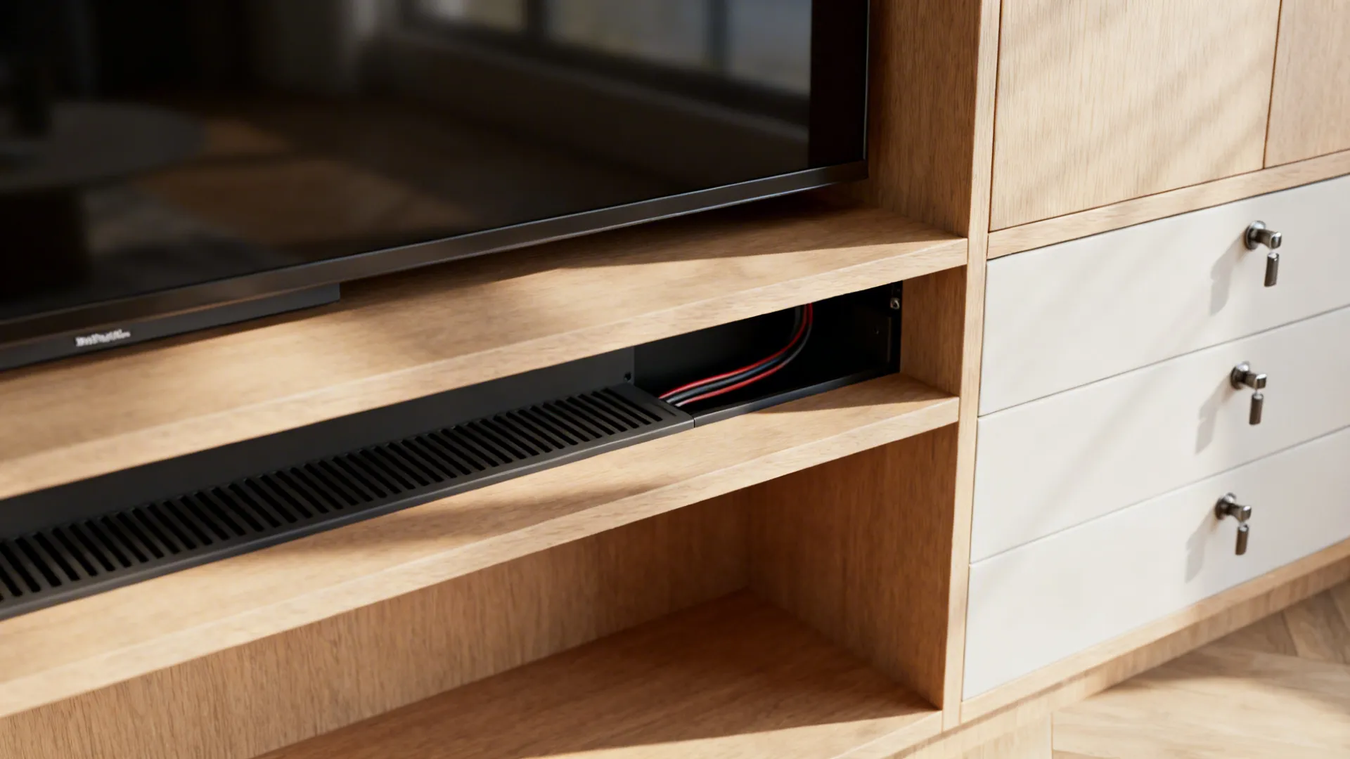 Close up of wooden TV stand with black ventilation grille wires and white side storage drawers