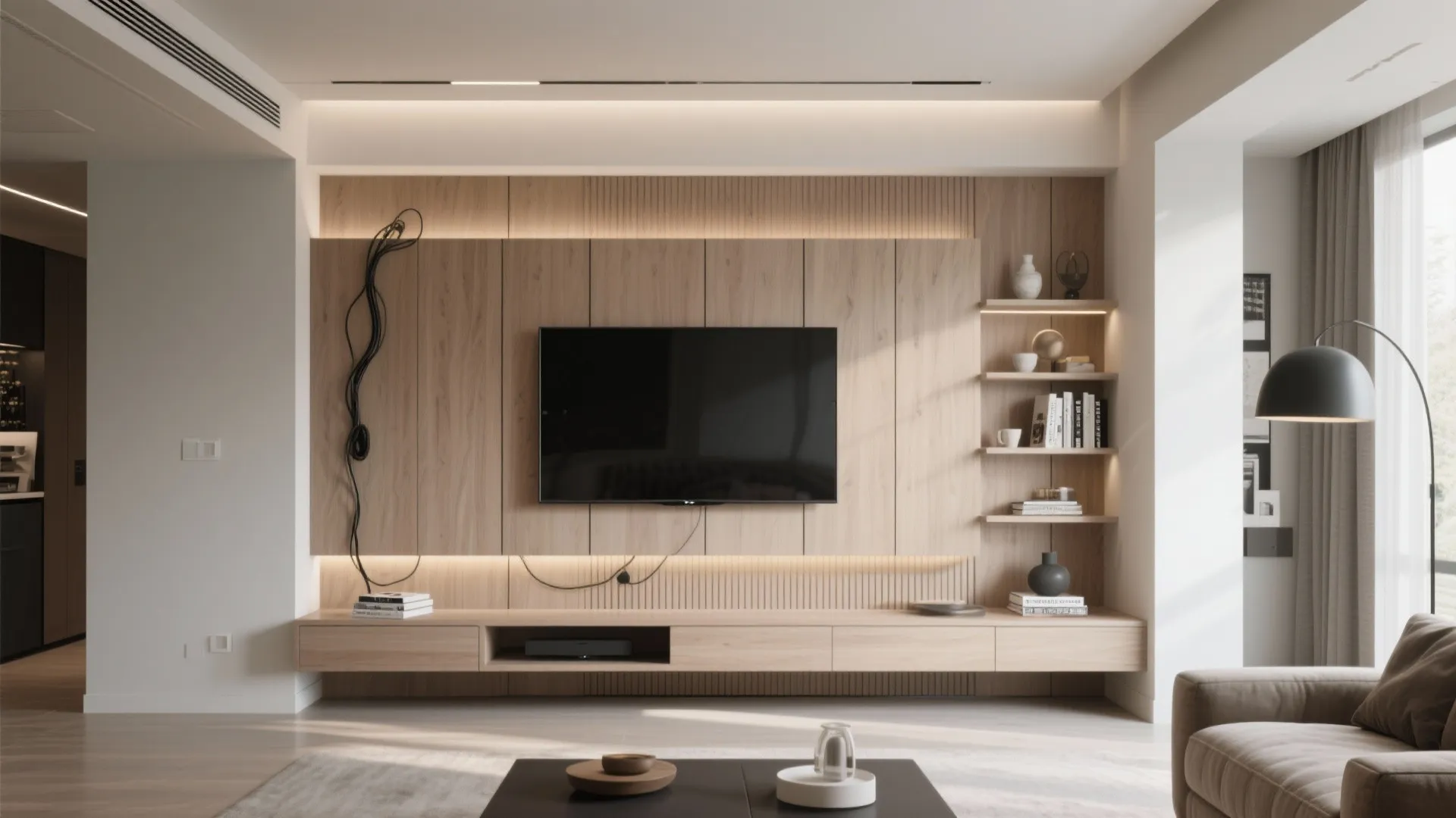 Modern wood wall panel featuring a television and floating shelf with built in warm lighting