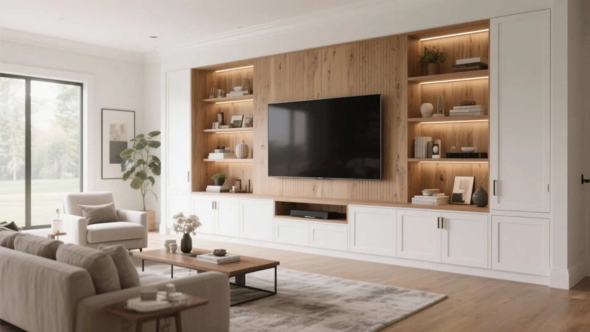 Modern living room with large television mounted on wood panel wall and white storage cabinet