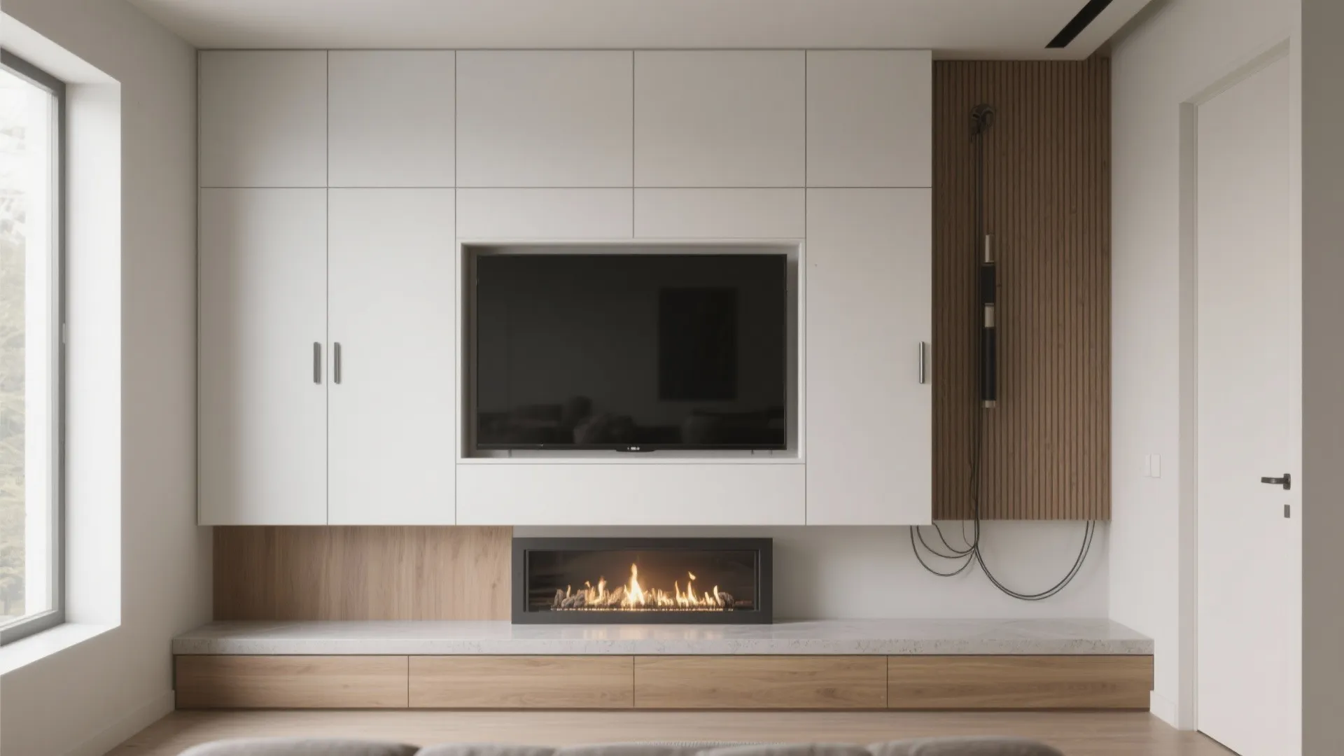 4) Media Wall with Hidden Storage and a Low Hearth