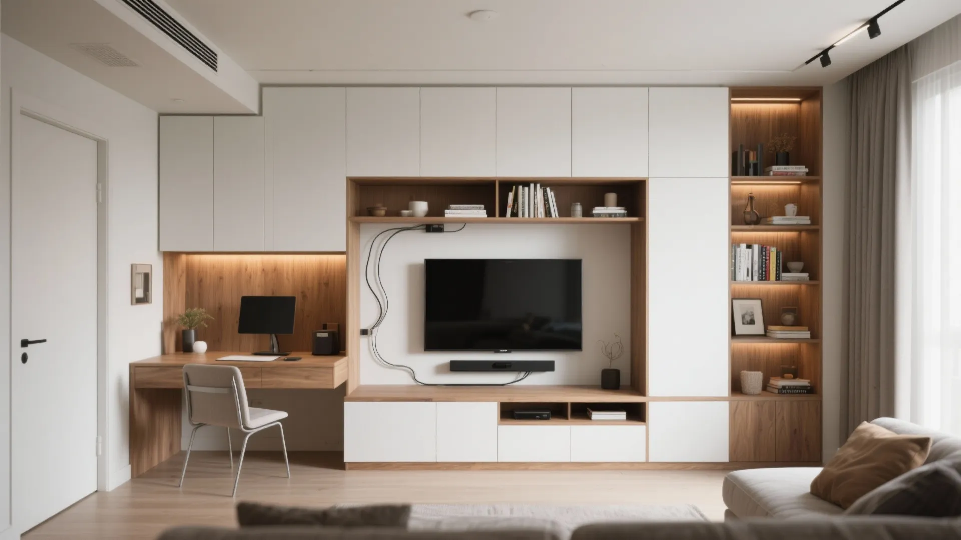 White and wood cabinet system featuring a television shelf bookshelf and a small work desk