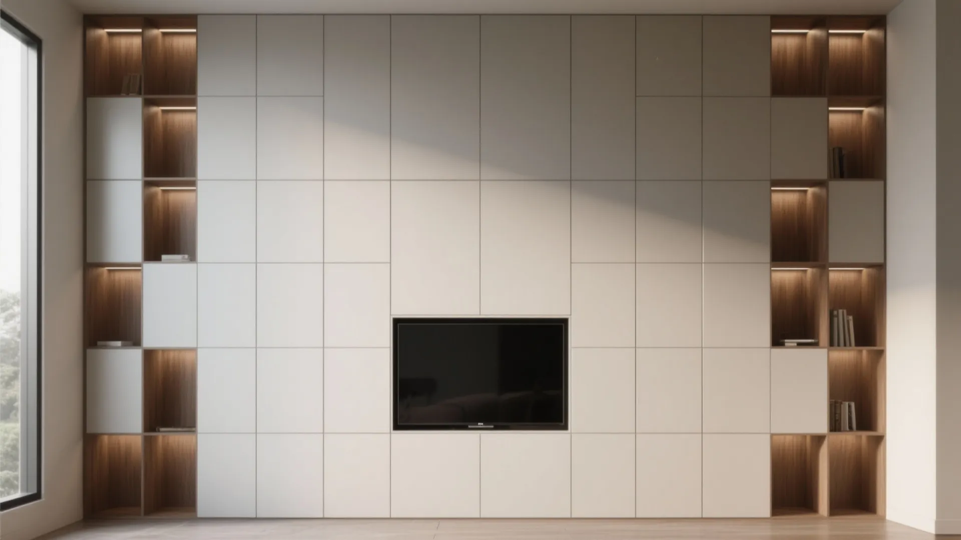 Large white wall cabinet with integrated television and wood shelves featuring warm light and books