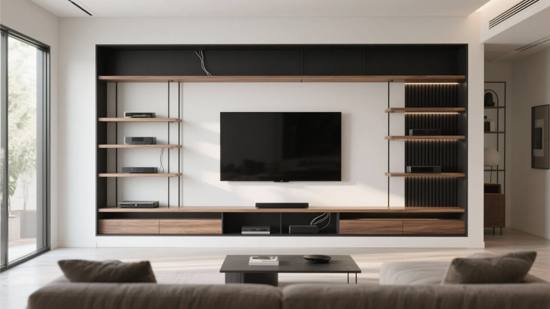 Slim built-in shelves framing a TV, with hidden cables and adjustable shelving for components.