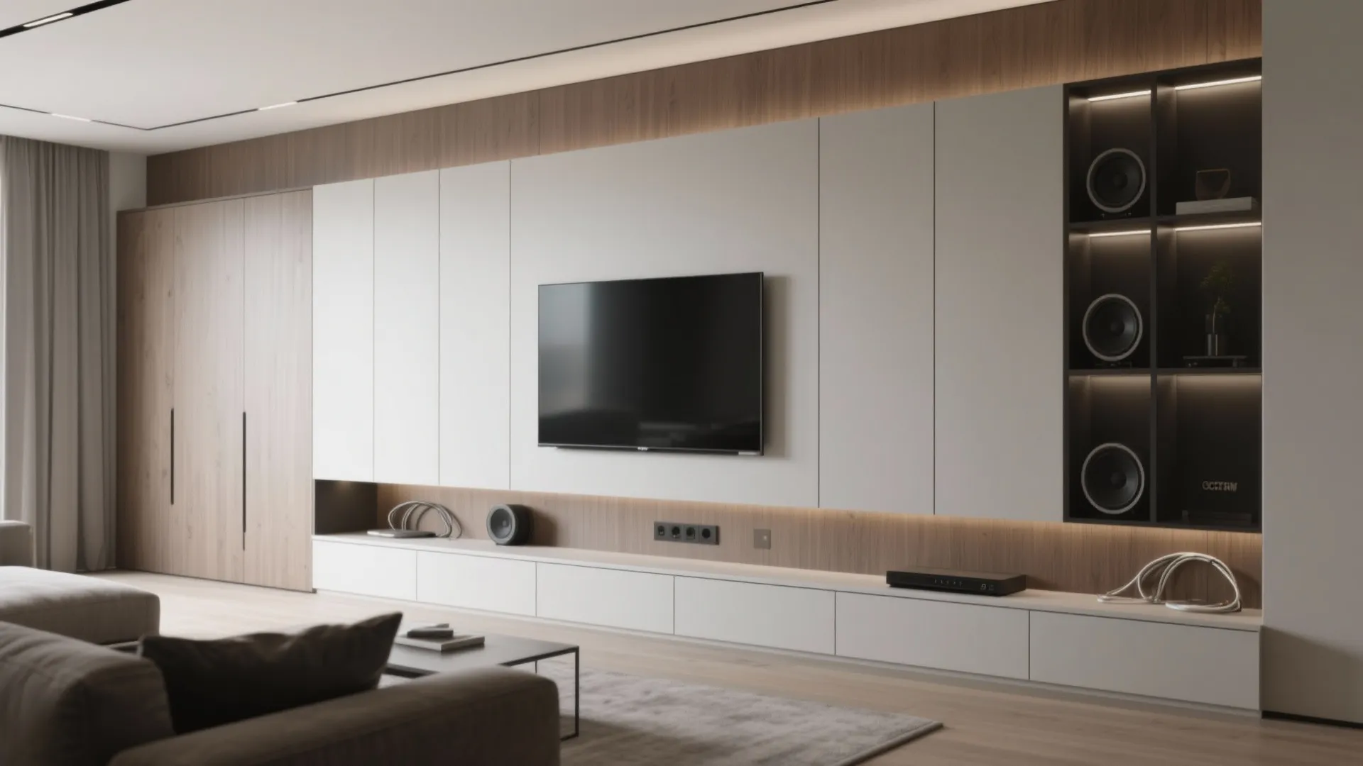5. Media Wall with Hidden Storage and Integrated Tech