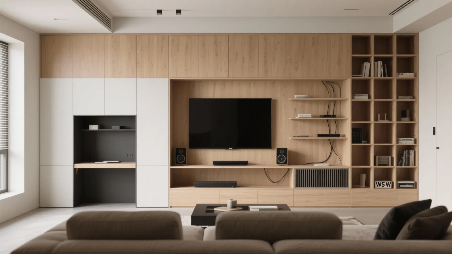 Modern living room with wooden wall cabinet flat screen television speakers and small integrated desk