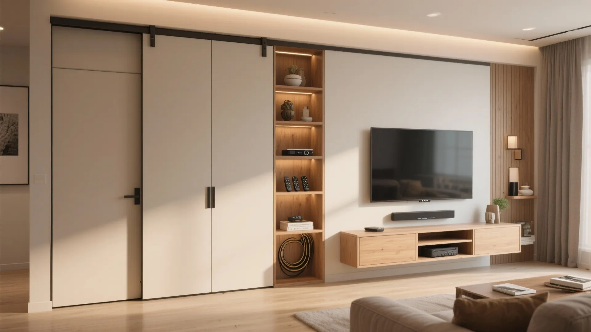 5. Multipurpose media wall with hidden tech