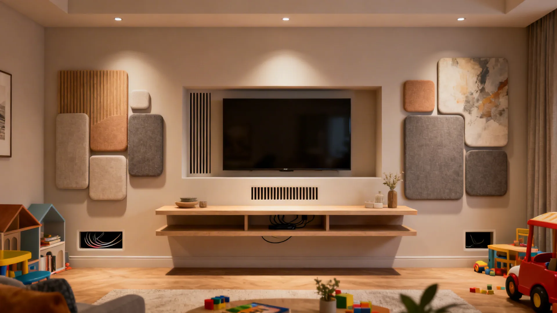 Media wall with recessed TV niche, floating console, and art-like acoustic panels for clean sound and storage.