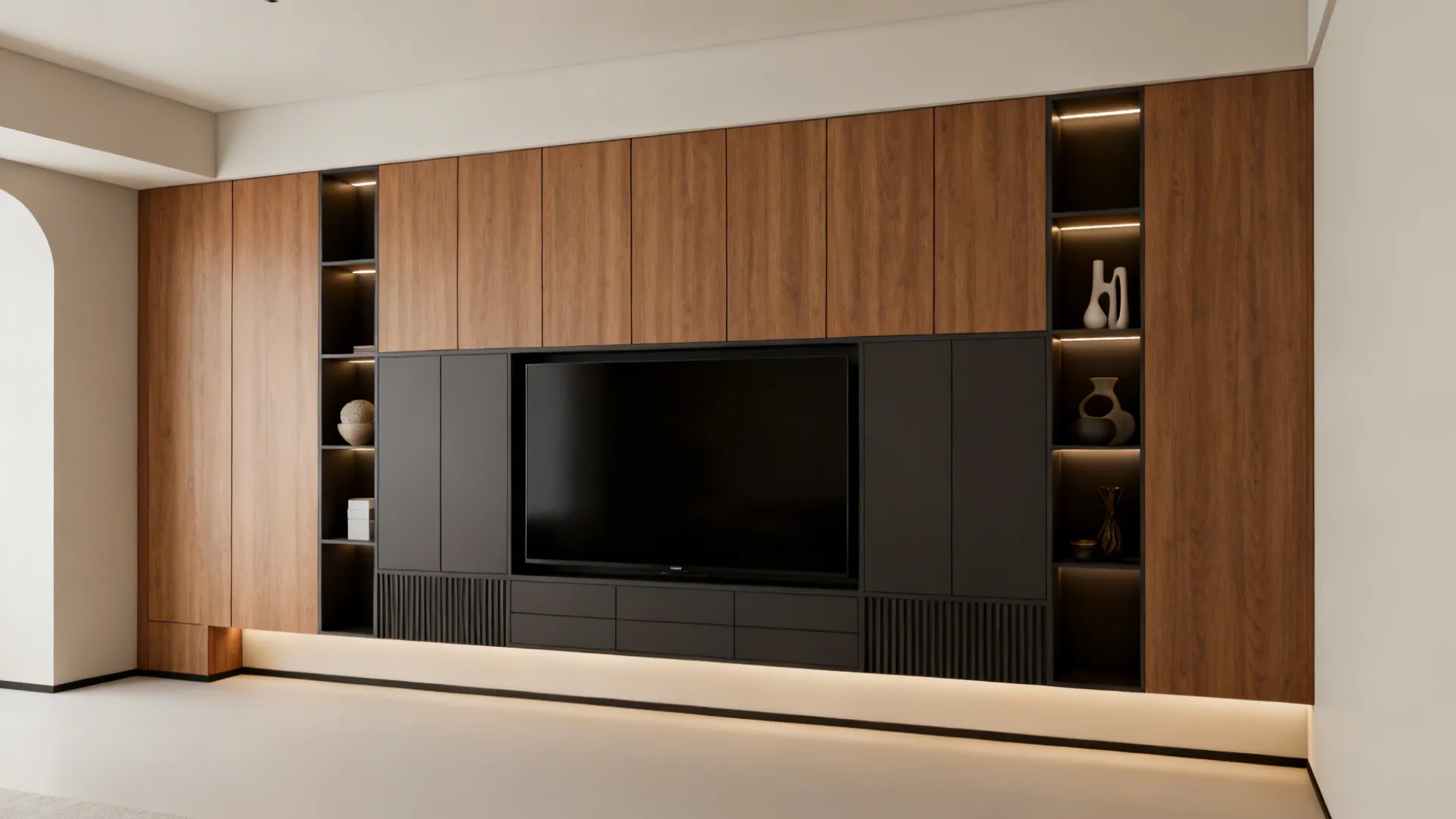 Large wall mounted media unit with wood cabinets black shelving and a flat screen television