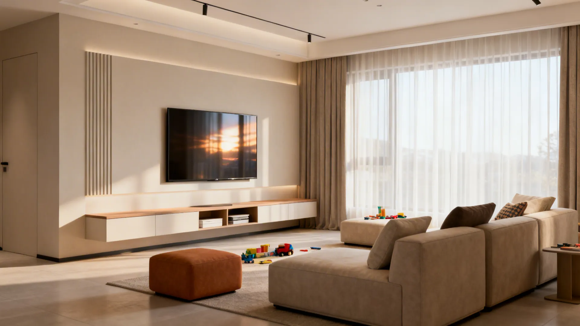 Living room with TV-focused seating and low-profile media console, neat storage flanking screen