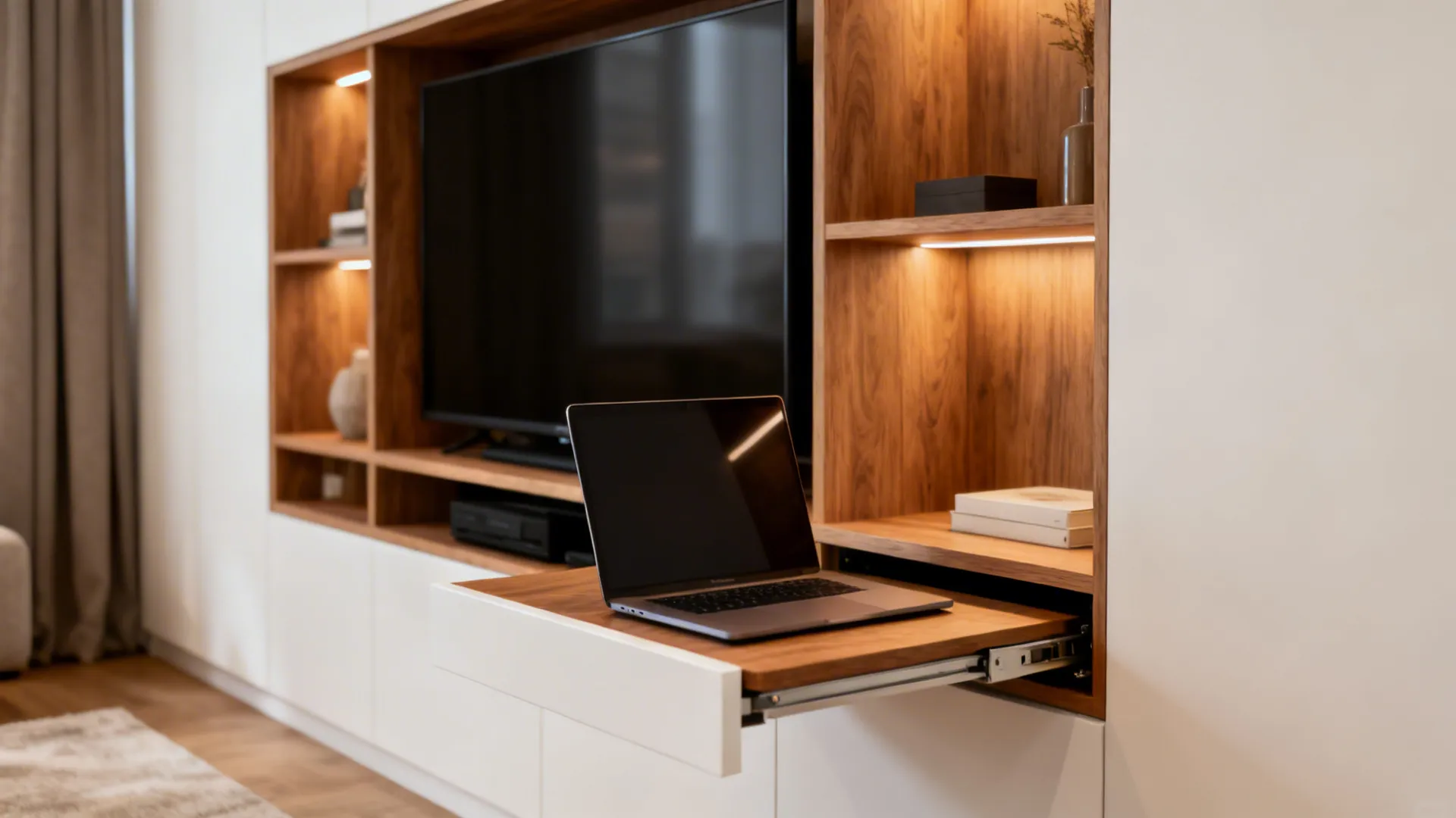 Multi-functional media wall with integrated shelving and a fold-down desk.