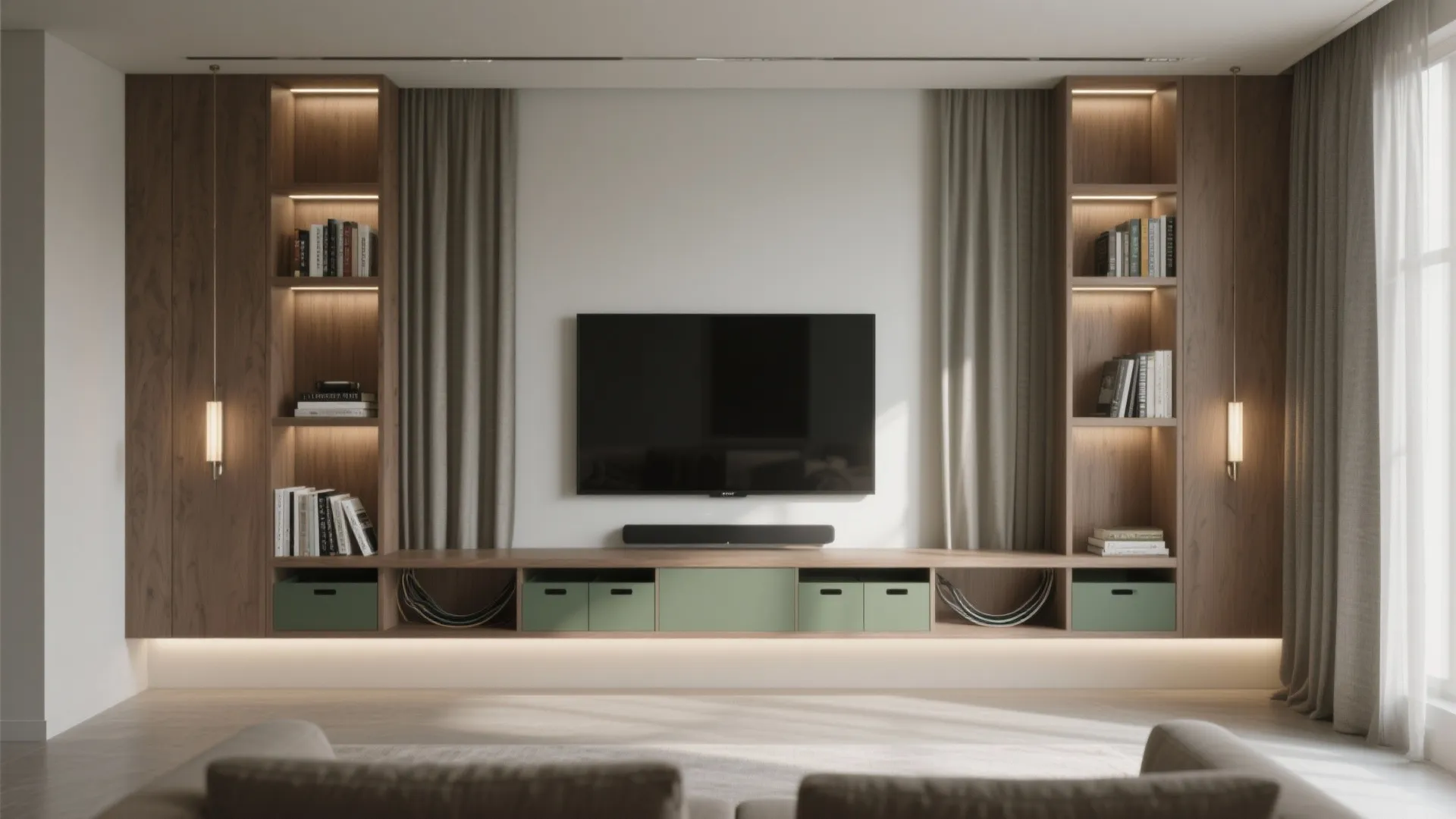 Modern media wall with dark wood shelving, television, grey curtains, and integrated soft light fixtures