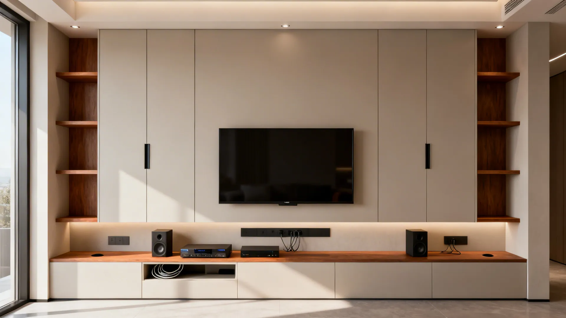 Alcove media wall with wall-mounted TV and concealed storage cabinets.