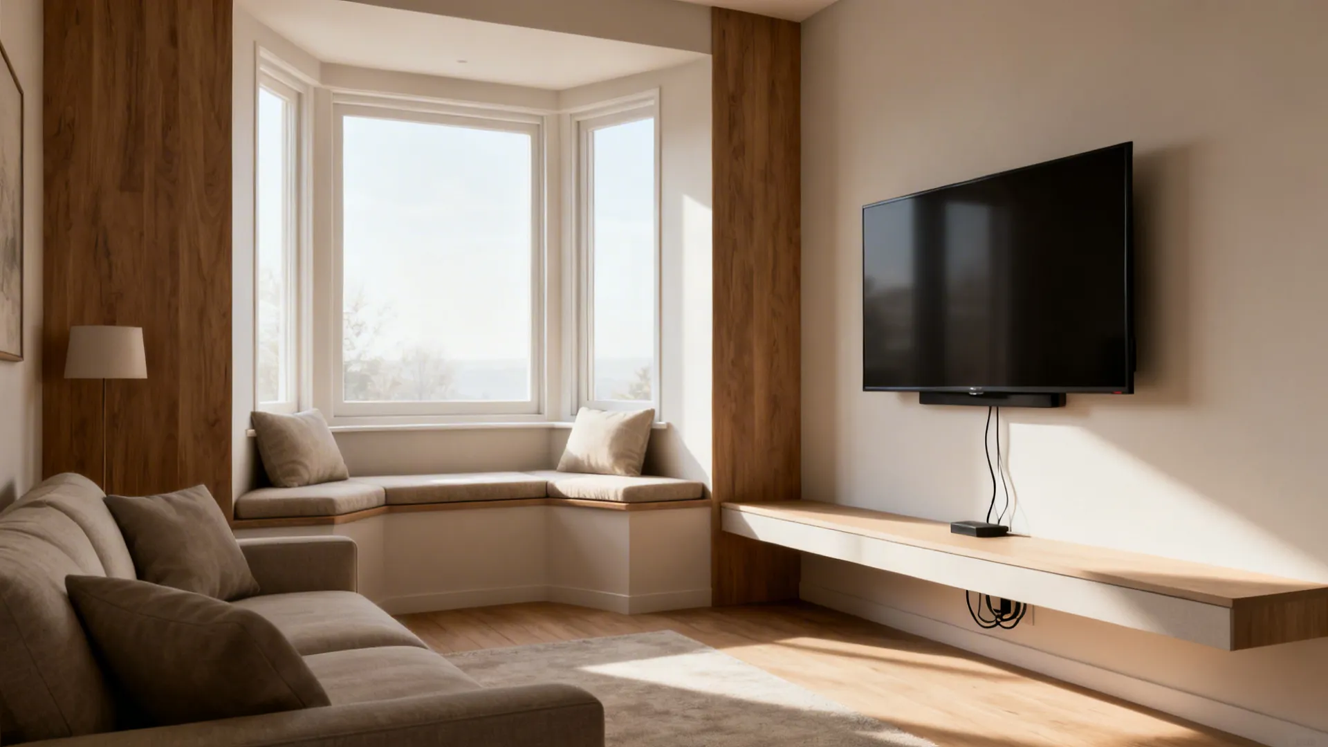 Minimal media wall opposite a light-filled bay window seating area