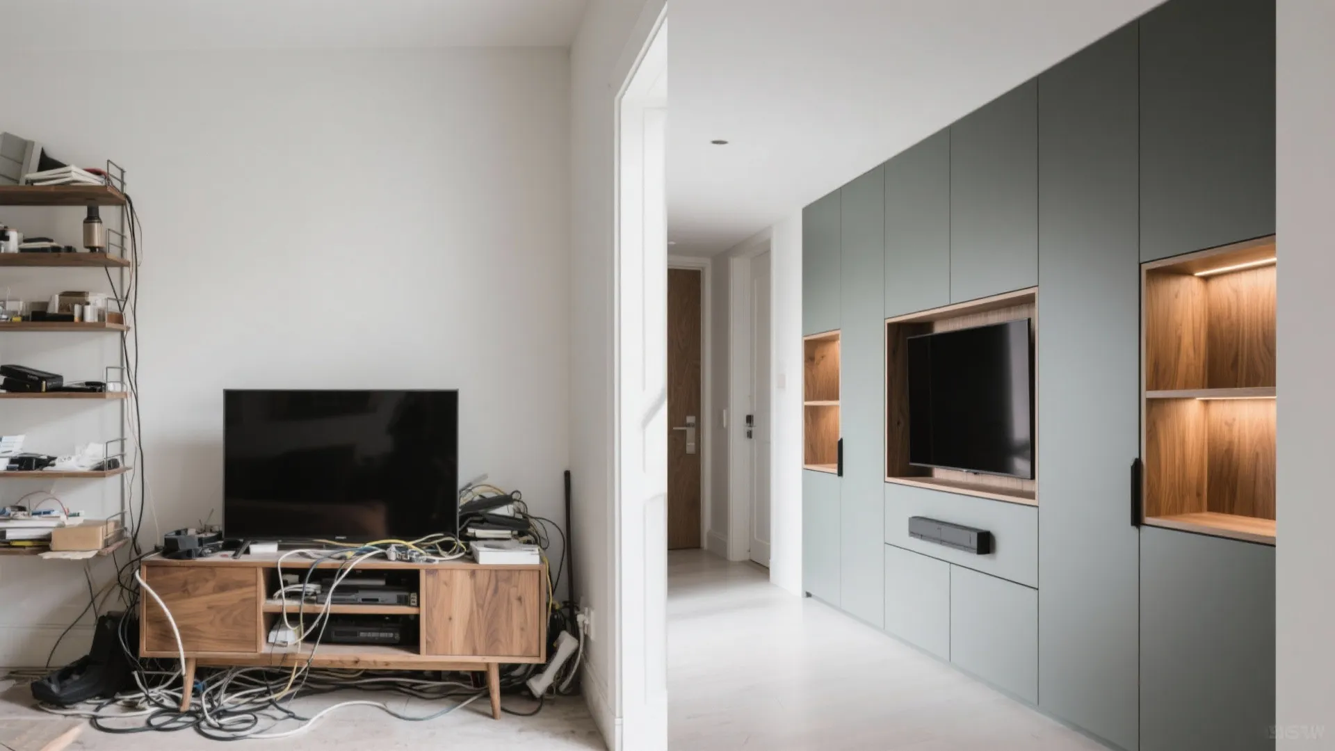 Minimal storage wall with hidden media