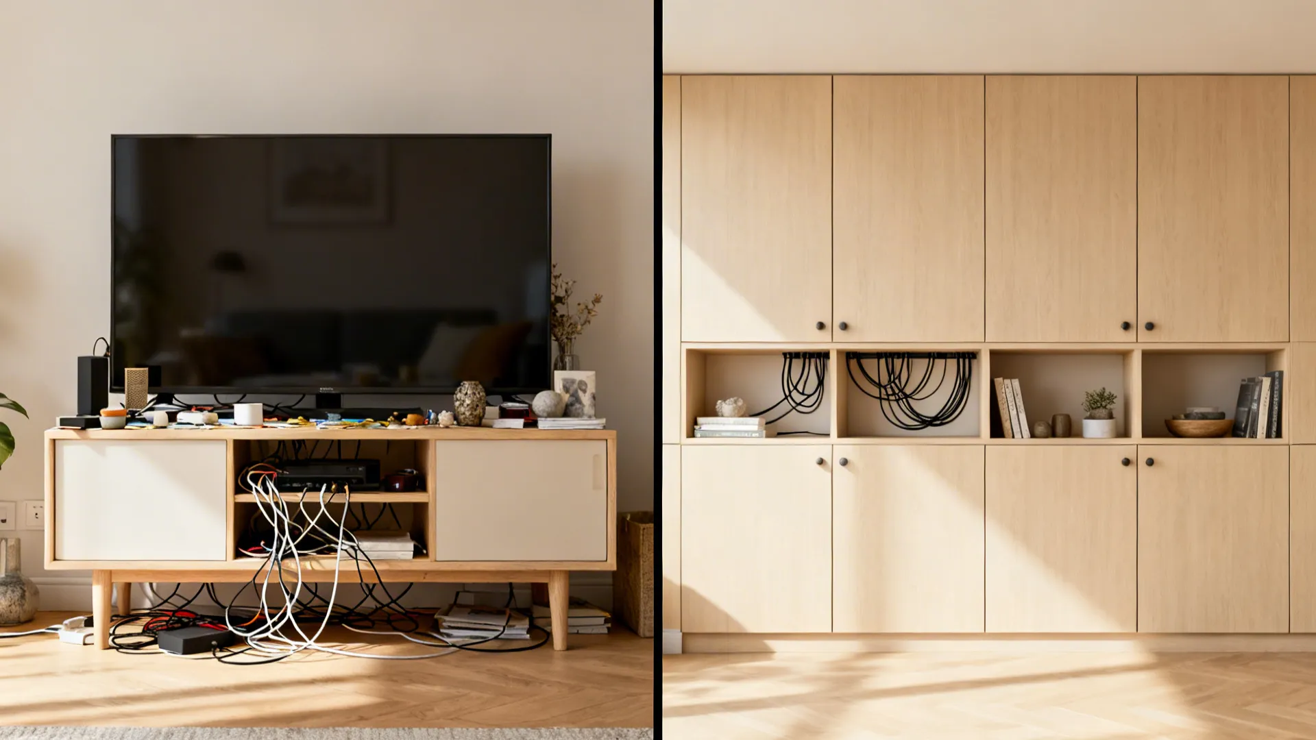 Before and after of TV wall from cluttered unit to built-in storage with niches