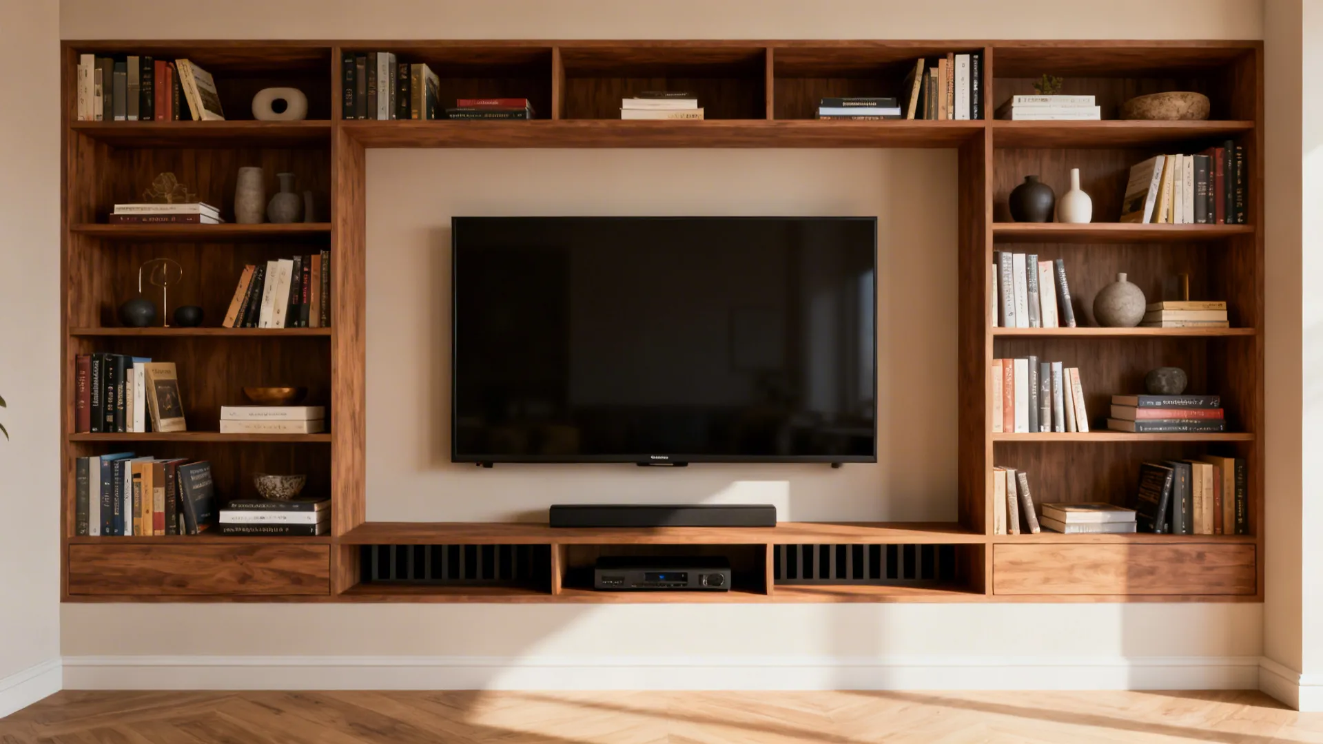 Integrated media wall framing a TV with open bookshelves and decor