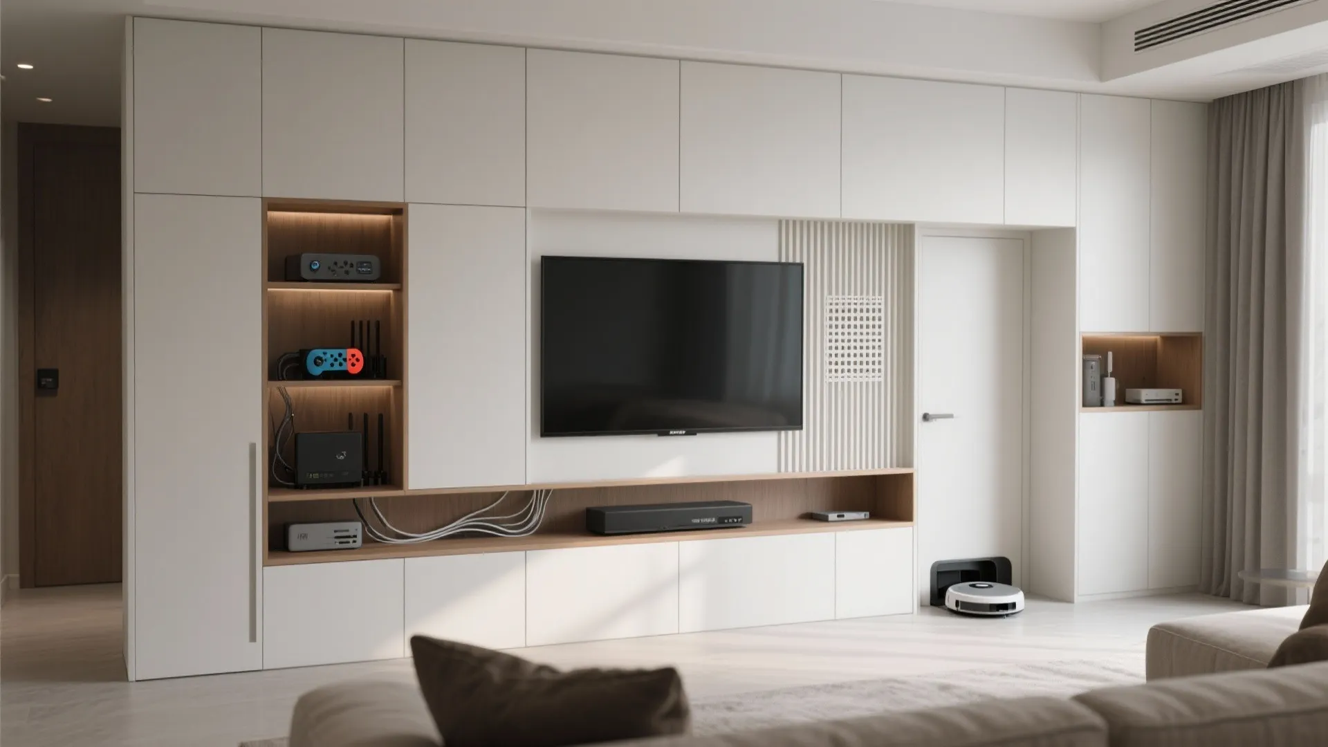Built-in Media Wall That Hides the Mess