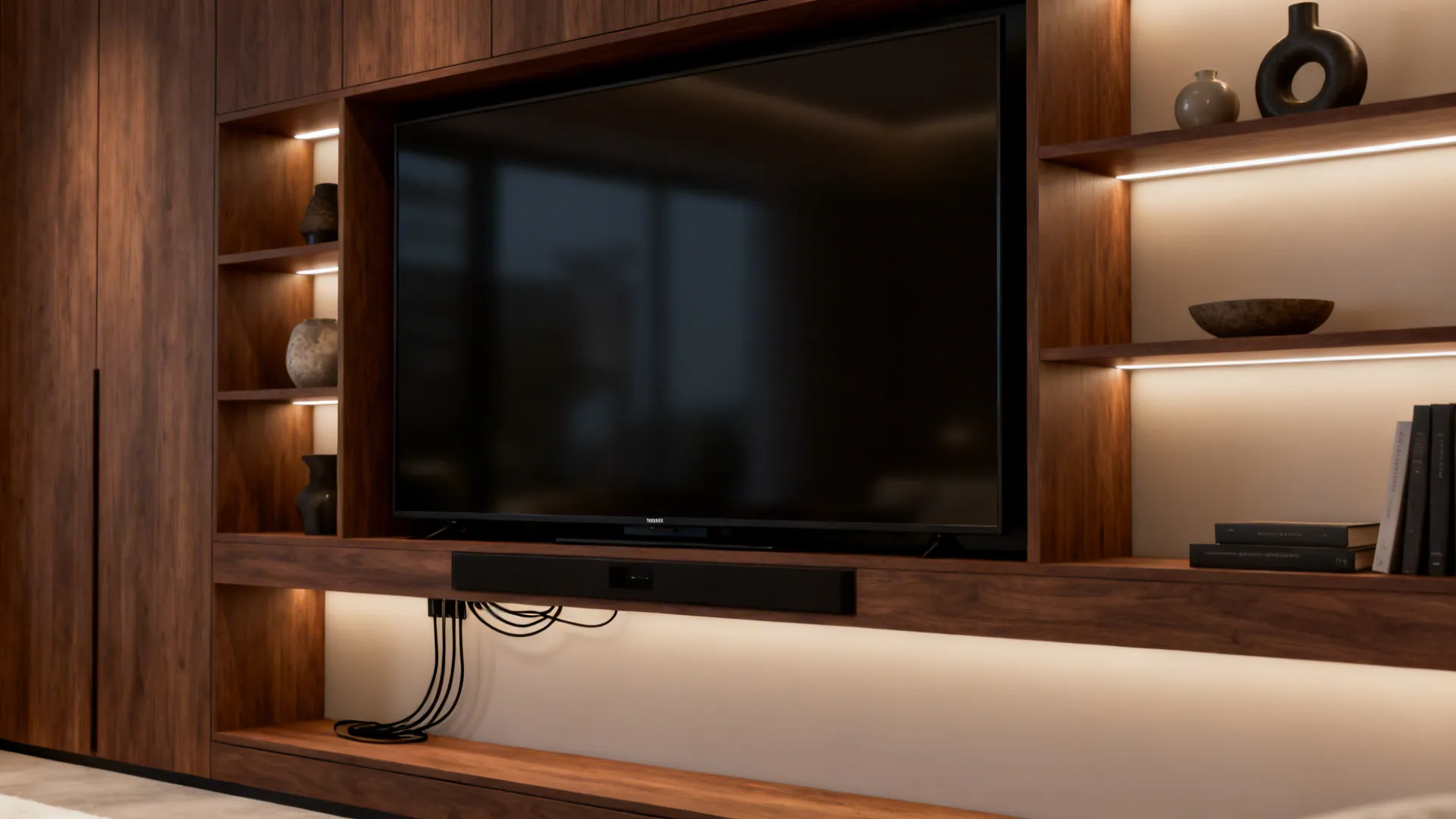 Dedicated media wall with built-in shelving and hidden cables behind a 65-inch TV