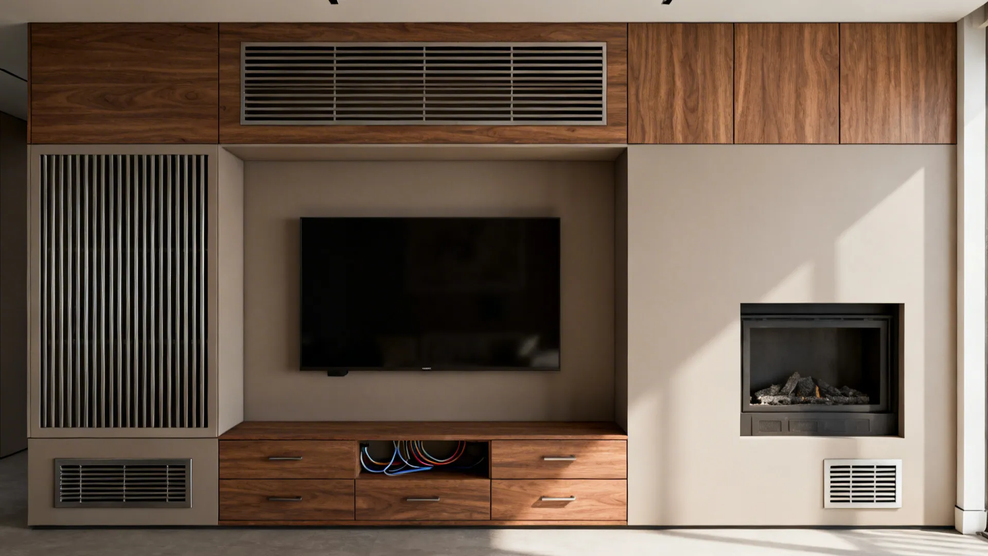 Custom media wall with integrated TV niche, fireplace, ventilation grilles and hidden storage.