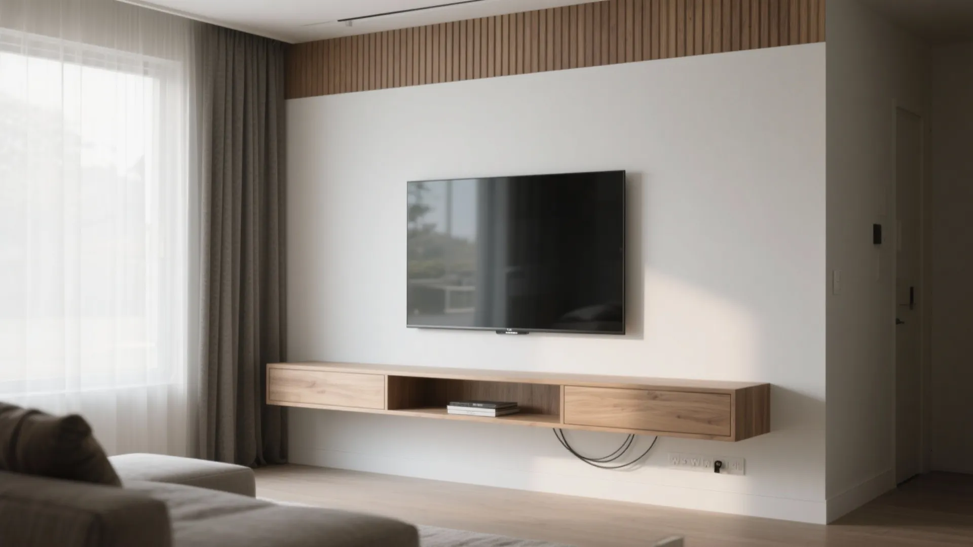 Media Wall with Floating Console and Hidden Cables