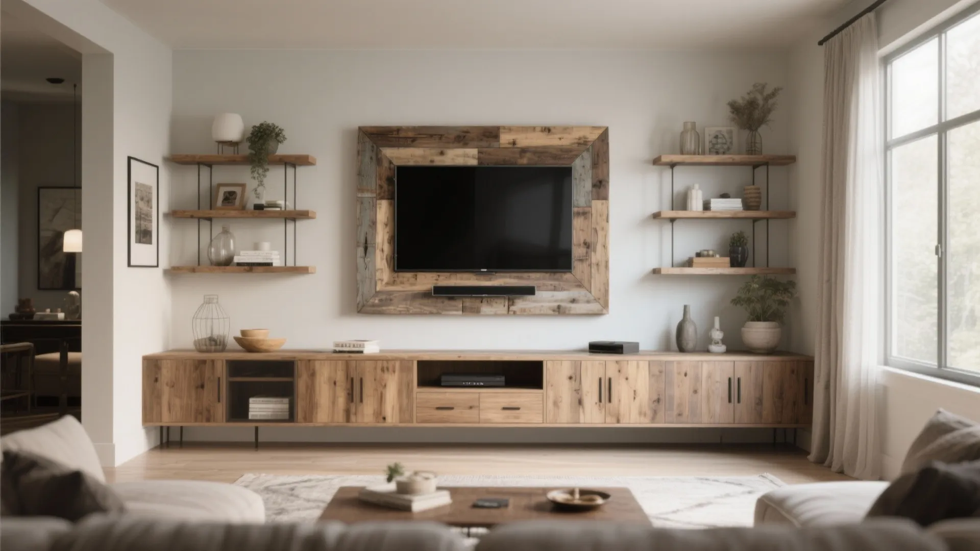 Living room with television on wooden wall panel with matching cabinet and open wall shelves