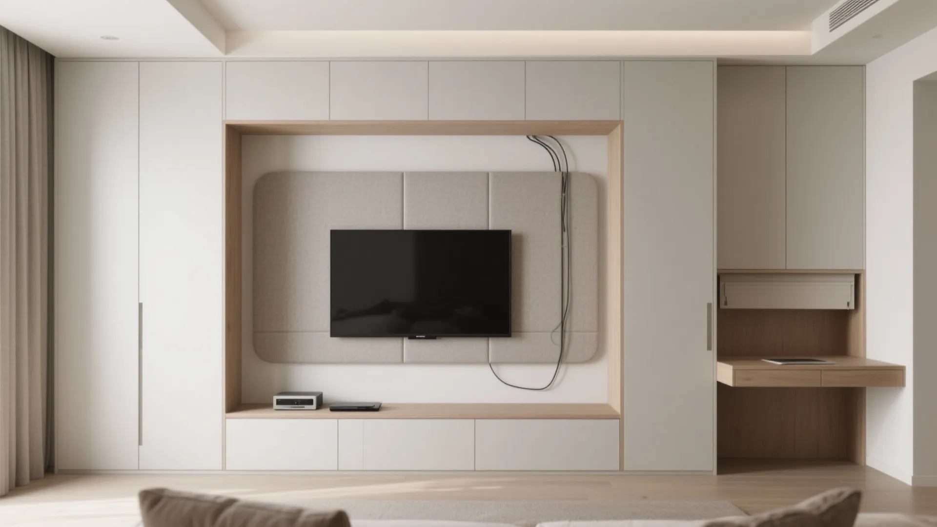 5) Built-in media wall with hidden storage and a pocket desk
