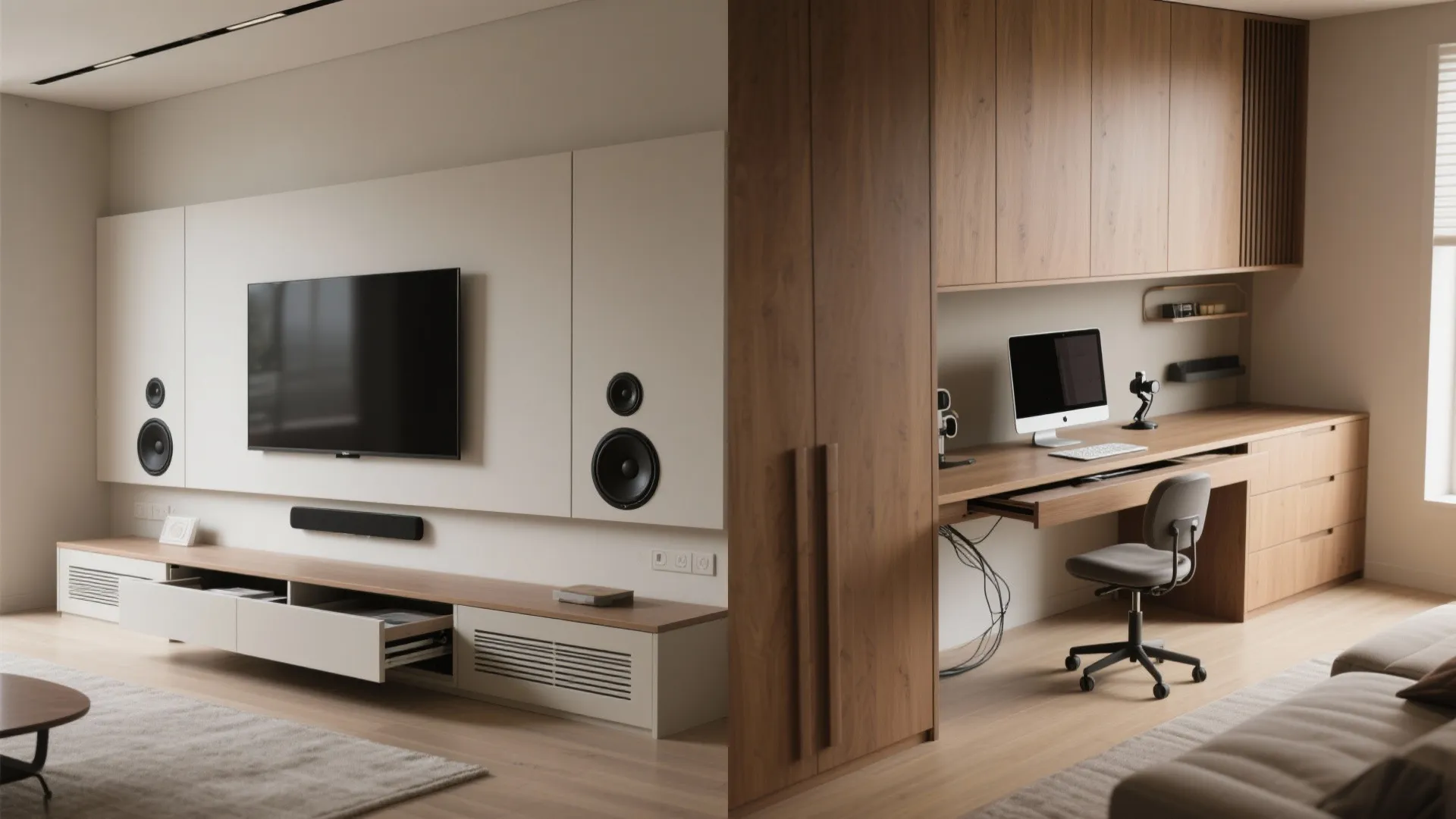 Split view showing television on wall next to a hidden home office with wooden desk