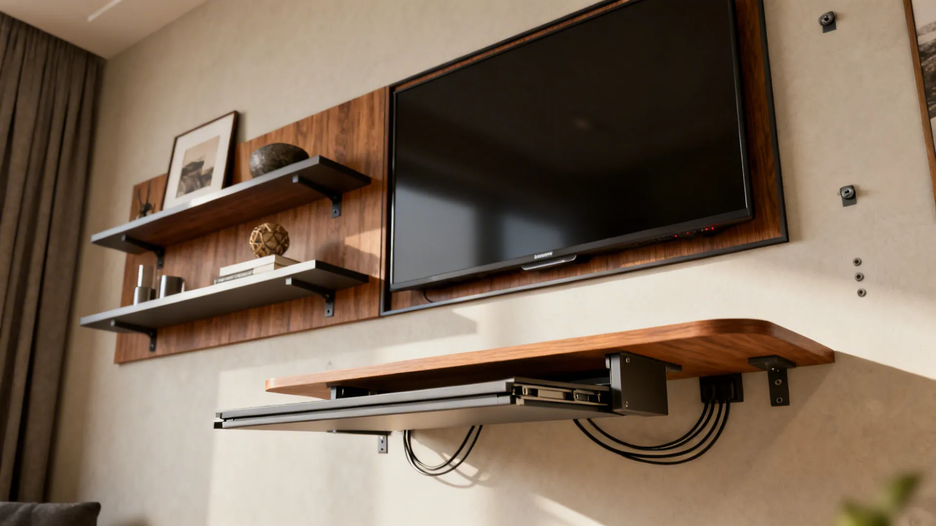 Multi-function media wall with mounted TV, floating shelves and a slim fold-down desk