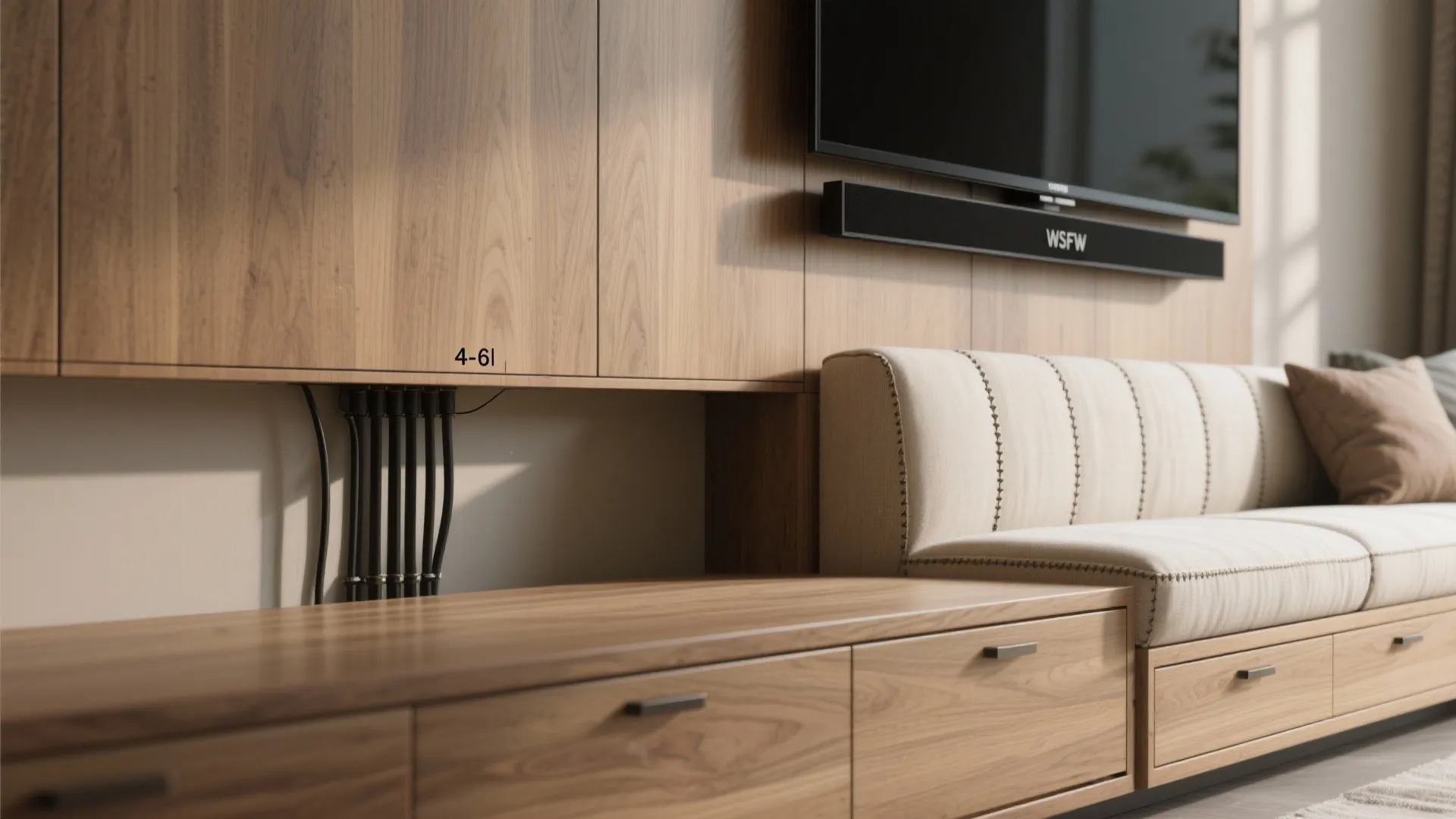 Floating media wall with banquette dining