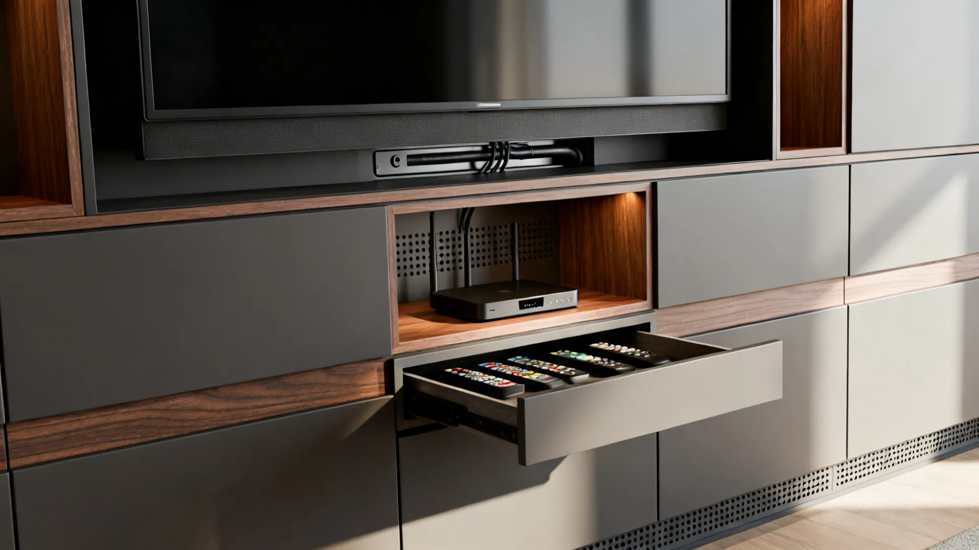 Close-up of a built-in media wall with recessed compartments, cable channel and ventilated shelf