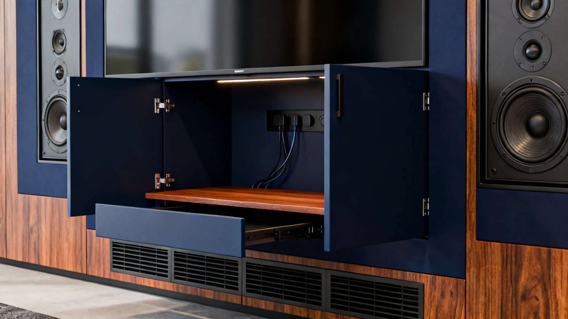 Detail of a multi-functional media wall with concealed storage, speakers, and a hidden work nook